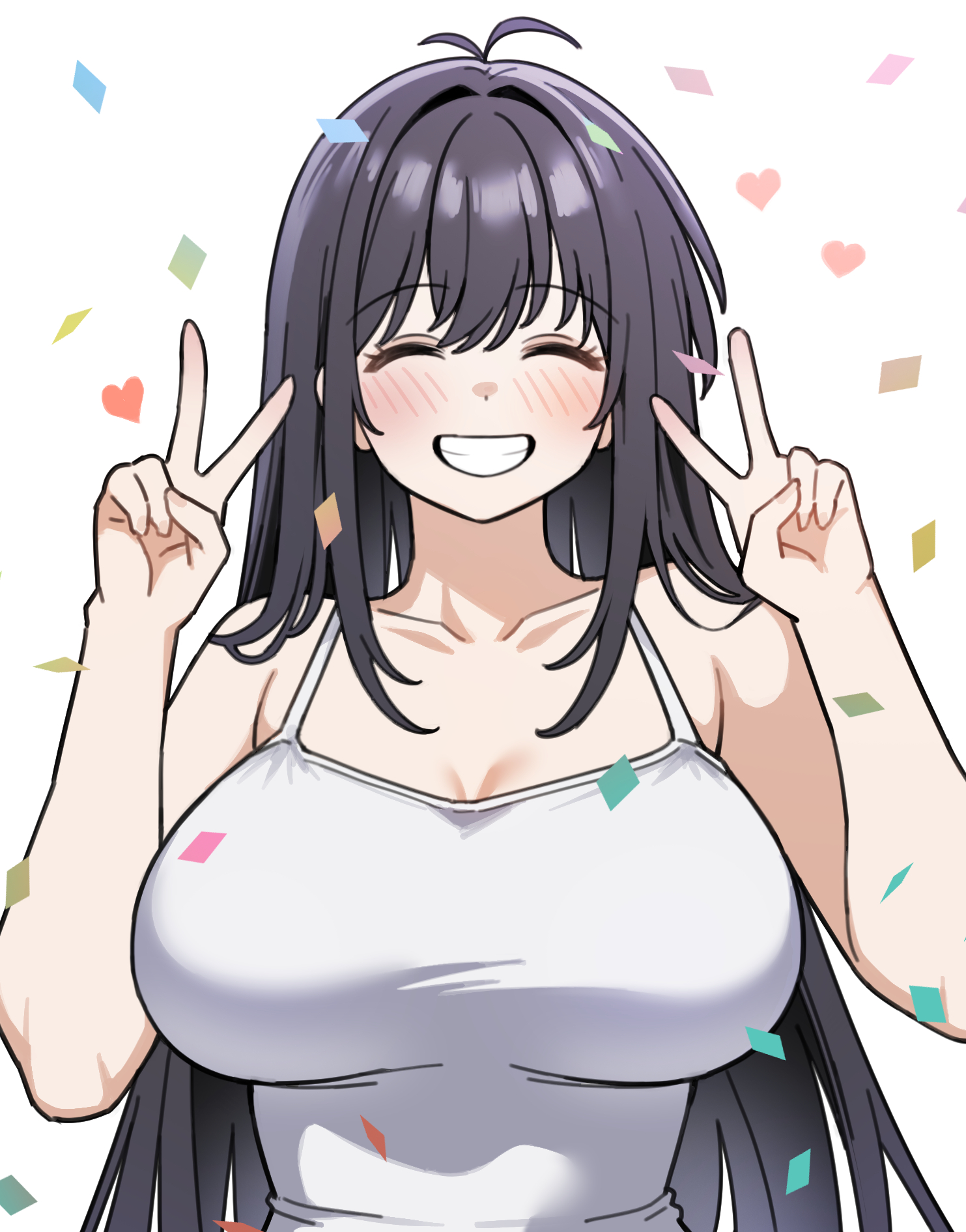 siribang1215, original, commentary request, highres, korean commentary, 1girl, :d, antenna hair, bare arms, bare shoulders, black hair, blush, breasts, cleavage, closed eyes, collarbone, confetti, double v, facing viewer, grin, hands up, heart, large breasts, long hair, open mouth, parted lips, smile, solo, tank top, upper body, v, very long hair, white tank top