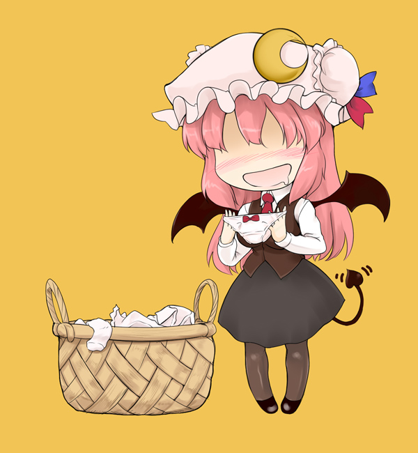 nekohane ryou, koakuma, embodiment of scarlet devil, touhou, 1girl, :d, basket, bat wings, blush, borrowed clothes, breasts, chibi, crescent, demon tail, drooling, female focus, female pervert, hat, laundry, long hair, necktie, no eyes, open mouth, orange background, panties, pantyhose, pantyshot, pervert, red necktie, saliva, simple background, skirt, smelling, smelling clothes, smile, solo, tail, tail wagging, underwear, upskirt, vest, wings