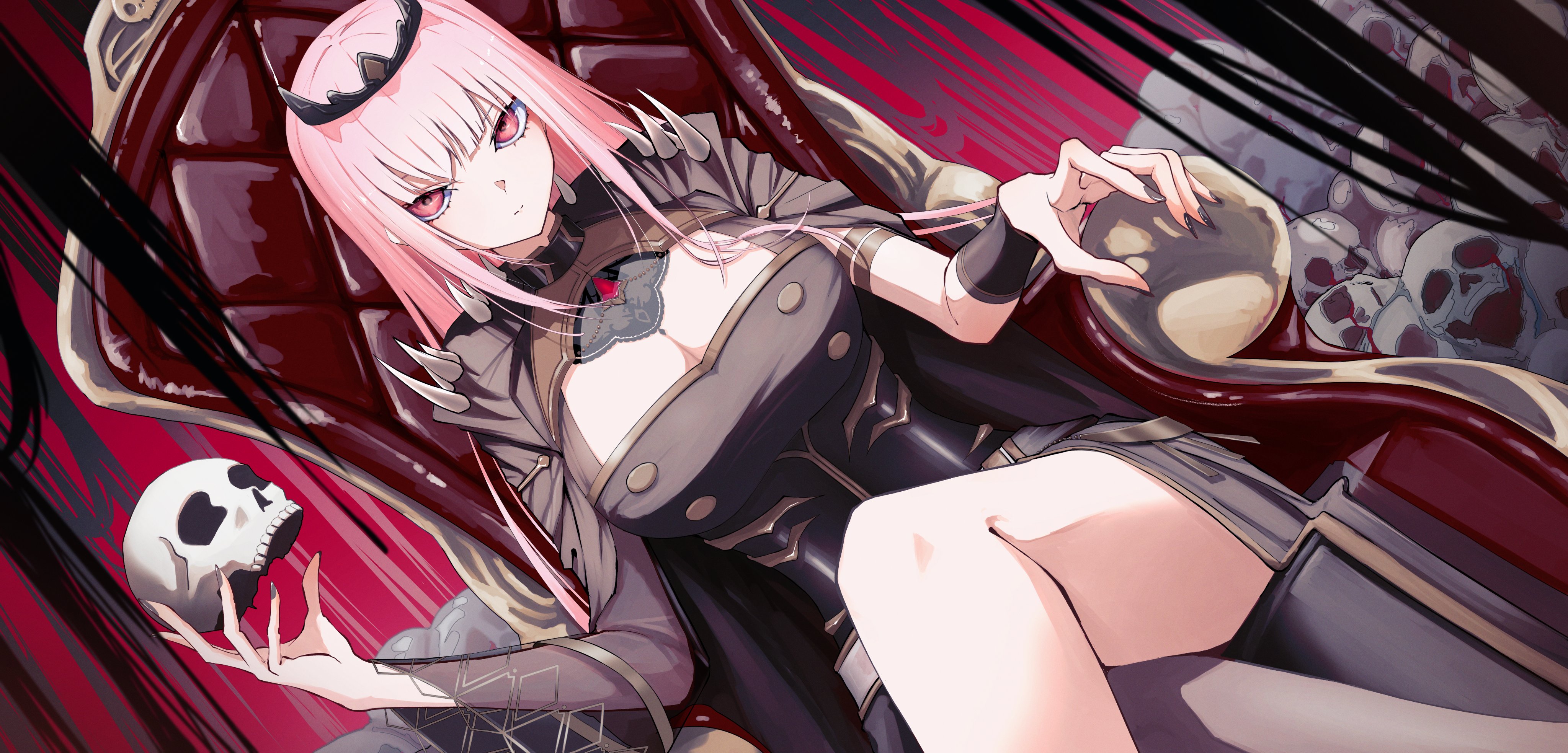 aqui2002, mori calliope, mori calliope (1st costume), hololive, hololive english, absurdres, commentary, english commentary, highres, 1girl, black dress, black nails, blunt bangs, breasts, cleavage, closed mouth, dress, holding, holding skull, large breasts, looking at viewer, nail polish, pink hair, red eyes, sidelocks, sitting on throne, skull, solo, virtual youtuber