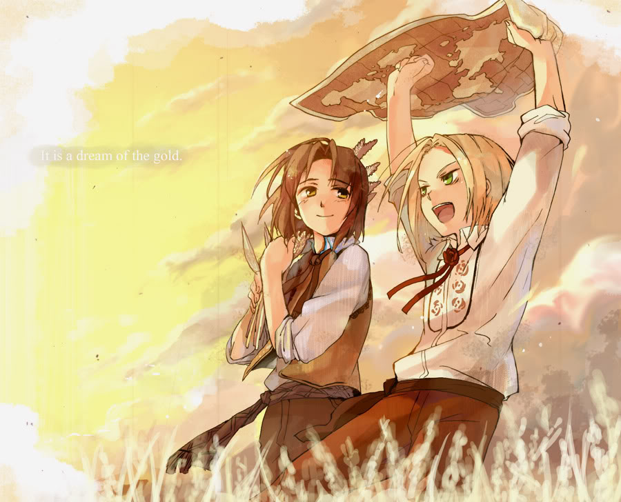 hiko (lg612), hiko (scape), lithuania (hetalia), poland (hetalia), axis powers hetalia, bad id, bad pixiv id, 00s, 2boys, arms up, blonde hair, brown hair, cloud, dress shirt, english text, green eyes, male focus, map, multiple boys, nature, ribbon, shirt, sky, sleeves rolled up, smile, sunset, trap, vest