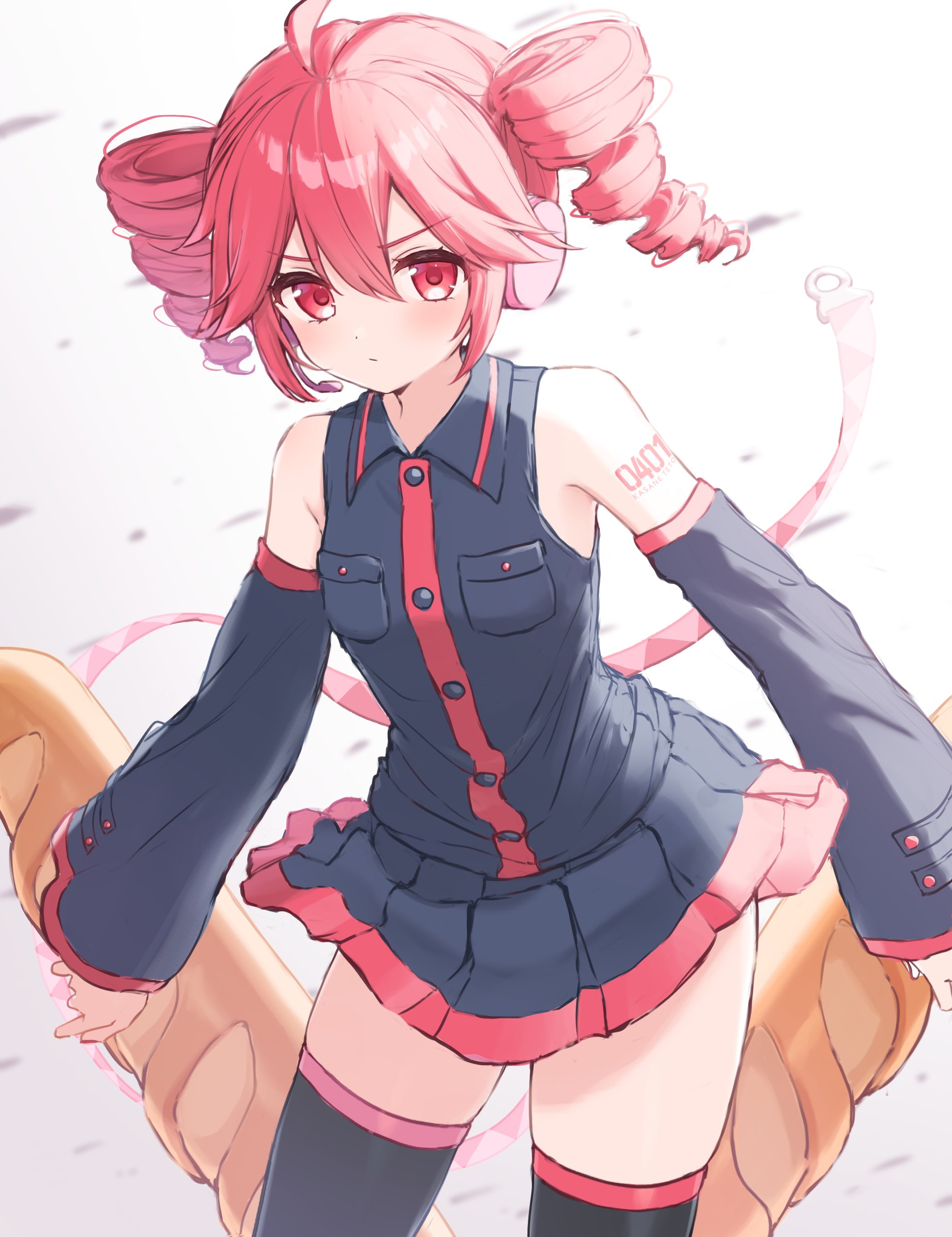 shirai sahuni, kasane teto, utau, absurdres, hashtag-only commentary, highres, 1girl, ahoge, baguette, bare shoulders, black boots, blue shirt, blue skirt, boots, bread, breast pocket, closed mouth, collared shirt, detached sleeves, double-parted bangs, food, frown, hair between eyes, looking at viewer, miniskirt, number tattoo, pocket, red eyes, red hair, red trim, shirt, shoulder tattoo, skirt, skirt set, sleeveless, sleeveless shirt, tattoo, thigh boots, white background