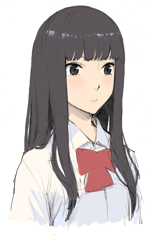 enami katsumi, kuronuma sawako, kimi ni todoke, bad id, bad pixiv id, 00s, 1girl, black eyes, black hair, blunt bangs, blush, female focus, grey eyes, hime cut, ribbon, school uniform, simple background, solo