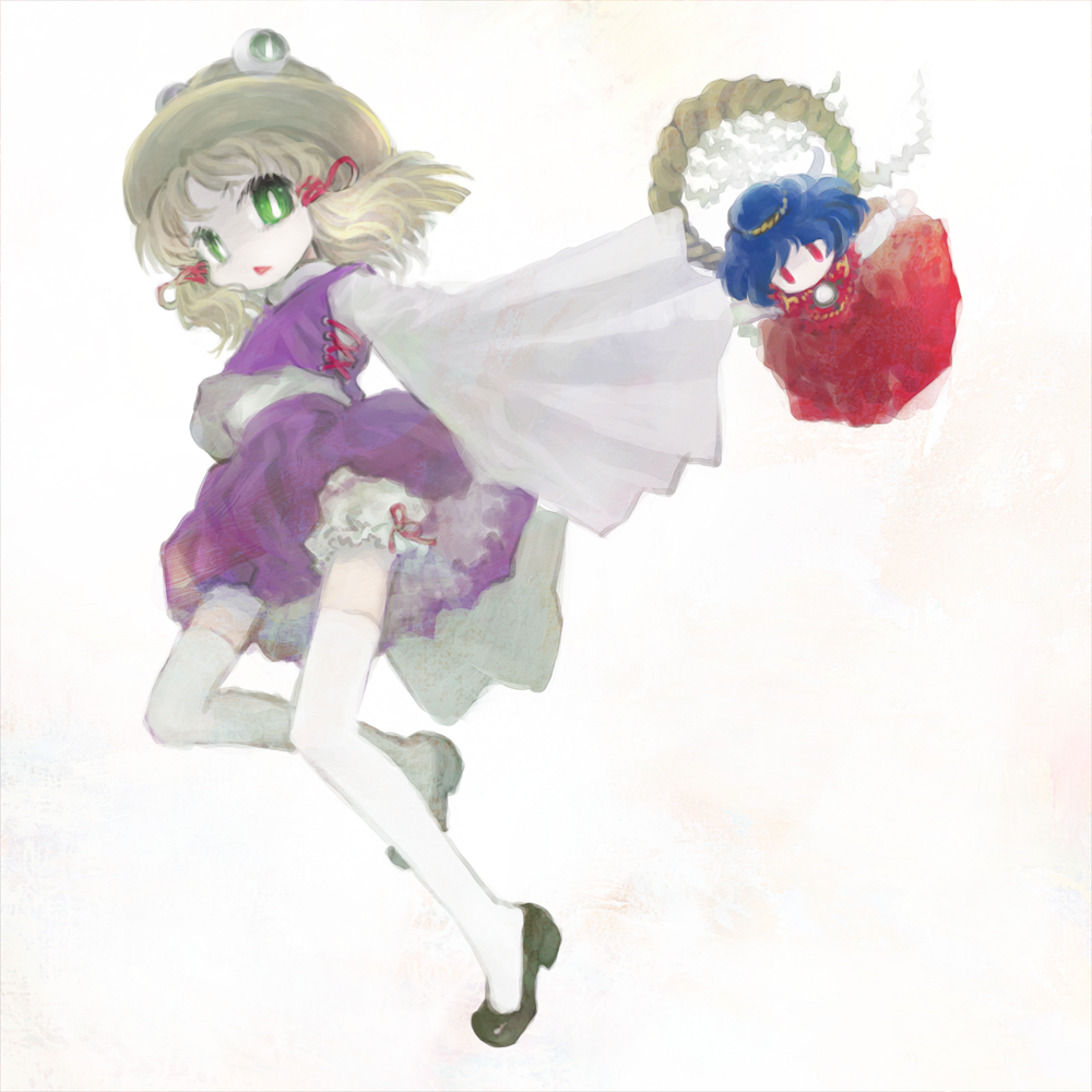mashiko hiromi, moriya suwako, yasaka kanako, touhou, 2girls, blonde hair, blue hair, chibi, doll, female focus, green eyes, hat, multiple girls, red eyes, rope, short hair, thighhighs