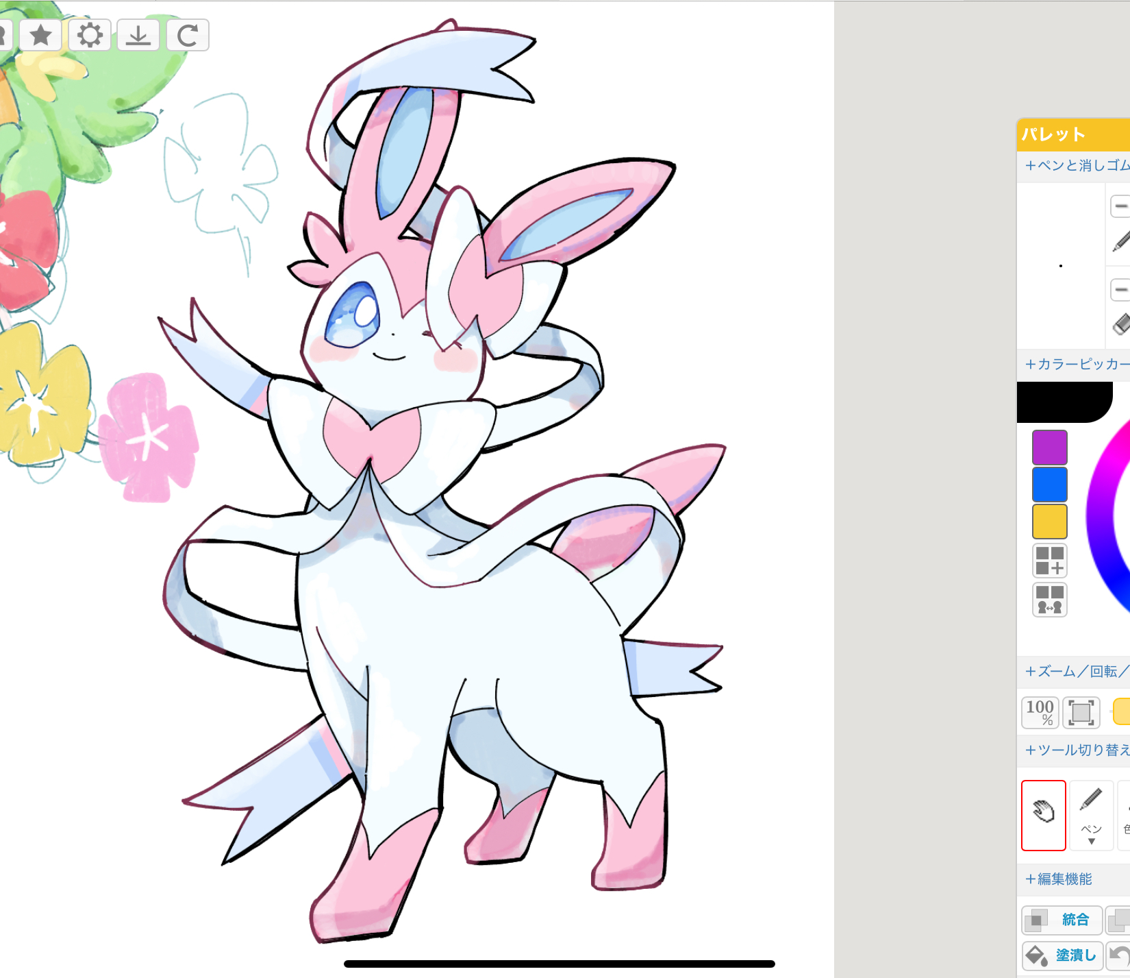 ayaka 488, comfey, sylveon, nintendo, pokemon, commentary request, highres, animal focus, art program in frame, blue eyes, bow, bright pupils, closed mouth, full body, gen 6 pokemon, gen 7 pokemon, looking at viewer, no humans, one eye closed, pink fur, pokemon (creature), pokemon focus, ribbon, simple background, solo focus, standing, two-tone fur, white background, white fur, white pupils