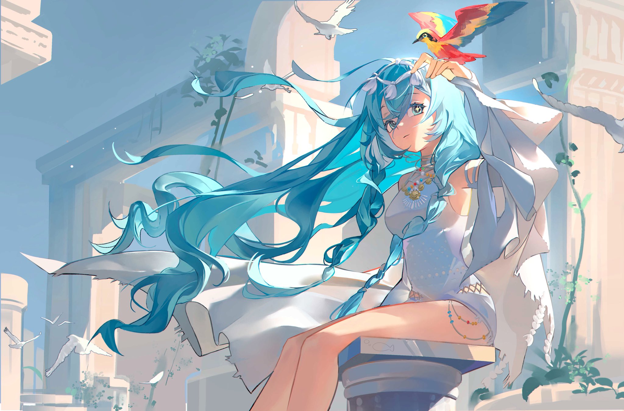 37 (down in the grotto) (reverse:1999), 37 (reverse:1999), reverse:1999, highres, + +, 1girl, architecture, arm up, bare legs, bare shoulders, bird, bird on hand, blue eyes, blue hair, blue sky, cape, day, feet out of frame, floating hair, greco-roman architecture, hair between eyes, hair ornament, hand up, hydrogen fish, long hair, looking up, official alternate costume, one-piece swimsuit, outdoors, pillar, plant, sitting, sky, solo, swimsuit, very long hair, vines, white cape, white one-piece swimsuit