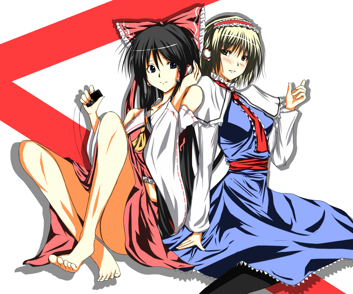 hiroaki (huruhonya), alice margatroid, hakurei reimu, touhou, 2girls, bad anatomy, bad feet, barefoot, black hair, blonde hair, blue eyes, feet, female focus, headphones, japanese clothes, legs, long hair, miko, mp3 player, multiple girls, poorly drawn, yellow eyes
