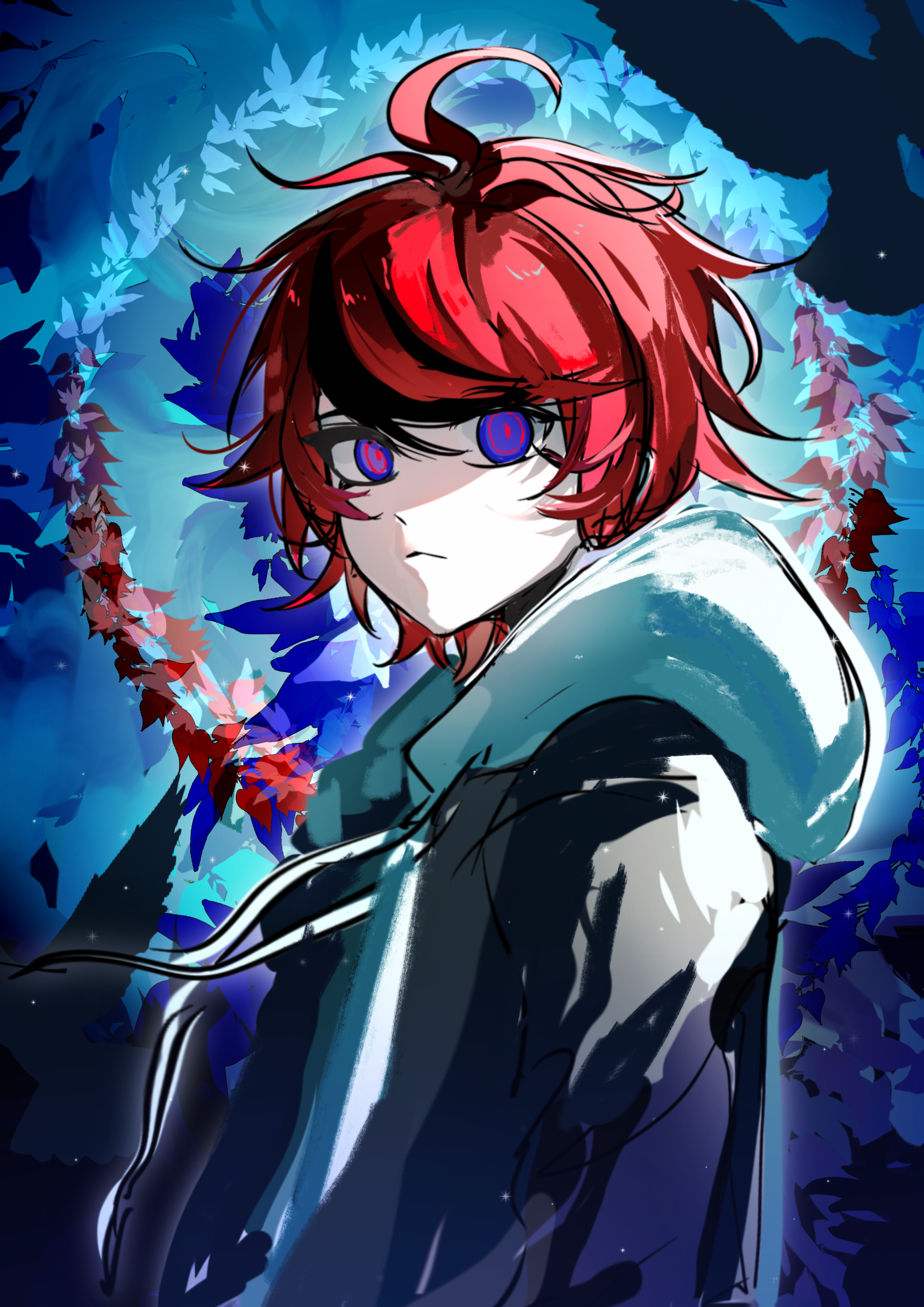 sumino takumi, the hundred line -last defense academy-, absurdres, chinese commentary, commentary request, highres, variant set, 1boy, ahoge, black hair, black jacket, blue background, blue eyes, closed mouth, drawstring, frown, hair between eyes, heiyu yaya, hood, hood down, hoodie, jacket, jacket over hoodie, male focus, multicolored hair, open clothes, open jacket, red hair, short hair, solo, streaked hair, two-tone hair, upper body, white hoodie