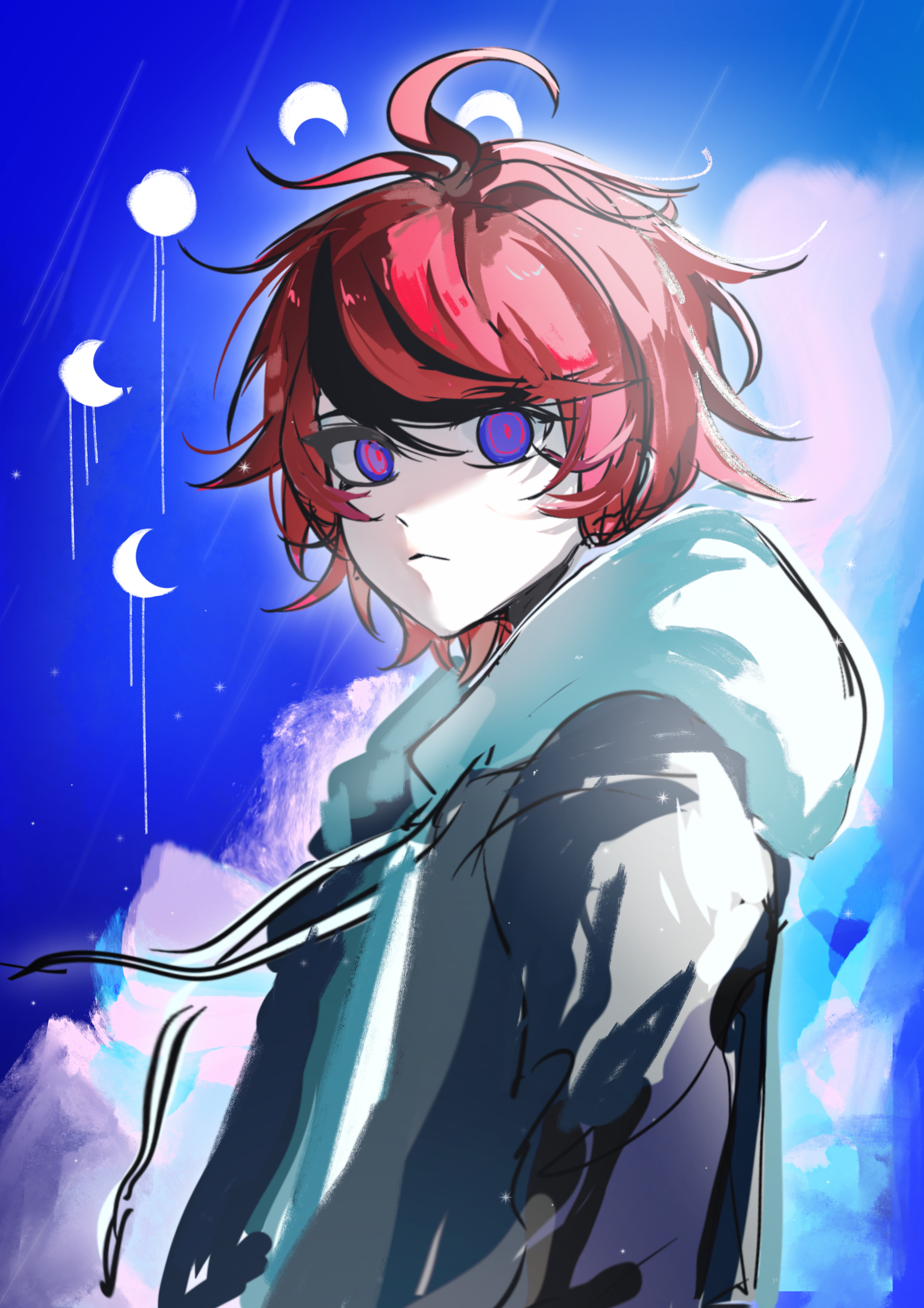 sumino takumi, the hundred line -last defense academy-, absurdres, chinese commentary, commentary request, highres, variant set, 1boy, ahoge, black hair, blue background, blue eyes, blue sky, cloud, drawstring, grey jacket, hair between eyes, heiyu yaya, hood, hood down, hoodie, jacket, jacket over hoodie, male focus, moon phases, multicolored hair, open clothes, open jacket, outdoors, rain, red hair, short hair, sky, solo, streaked hair, two-tone hair, white hoodie