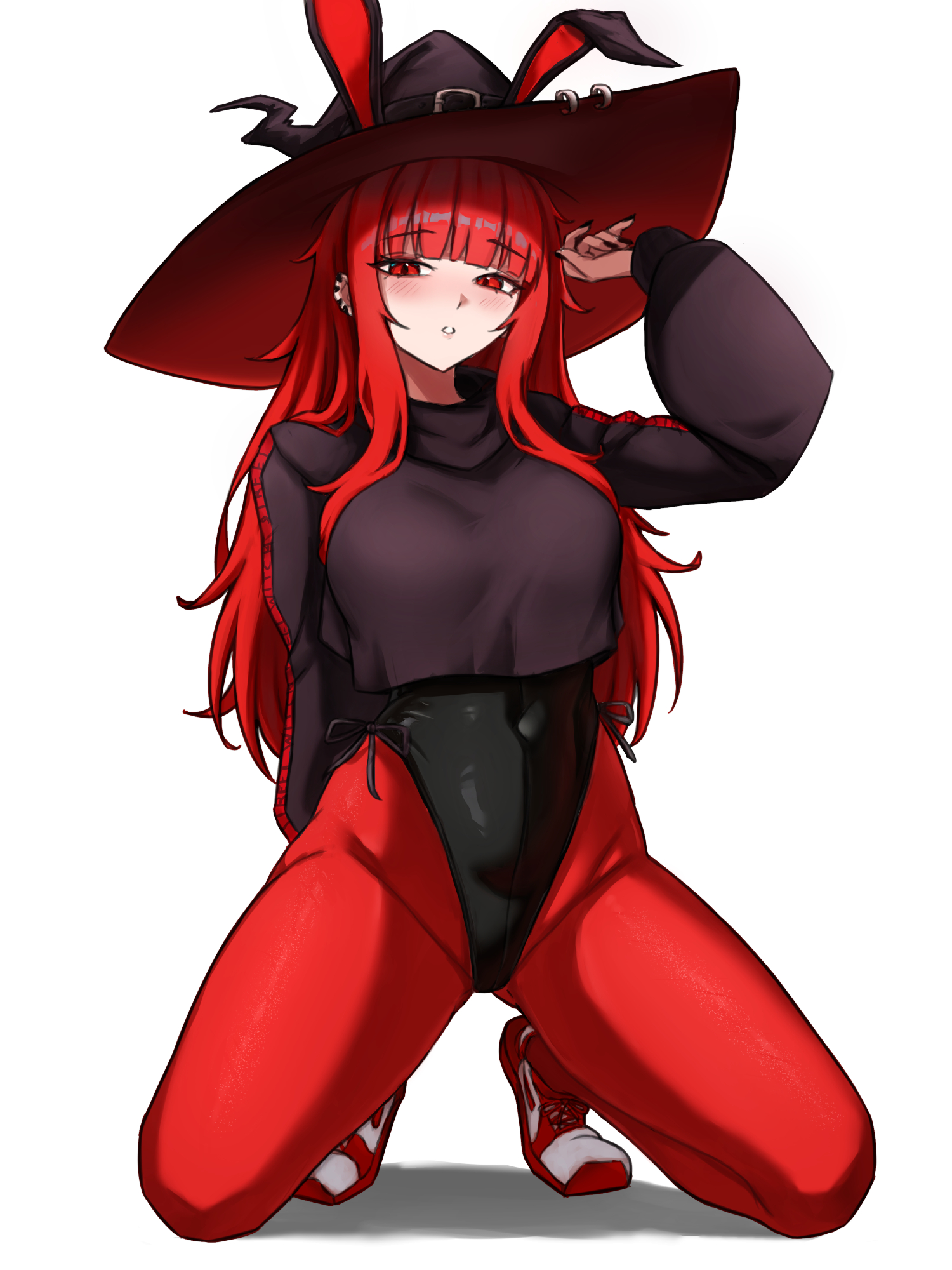 fangs (fangs art), val (yan kodiac), original, commentary, highres, 1girl, animal ears, black leotard, black nails, blunt bangs, blush, breasts, covered groin, covered navel, cropped hoodie, ear piercing, fake animal ears, fingernails, full body, hand up, hat, highleg, highleg leotard, hood, hoodie, kneeling, large breasts, leotard, long hair, long sleeves, looking at viewer, messy hair, pantyhose, parted lips, piercing, rabbit ears, red eyes, red hair, red pantyhose, shoes, side-tie leotard, simple background, sneakers, solo, white background, witch hat