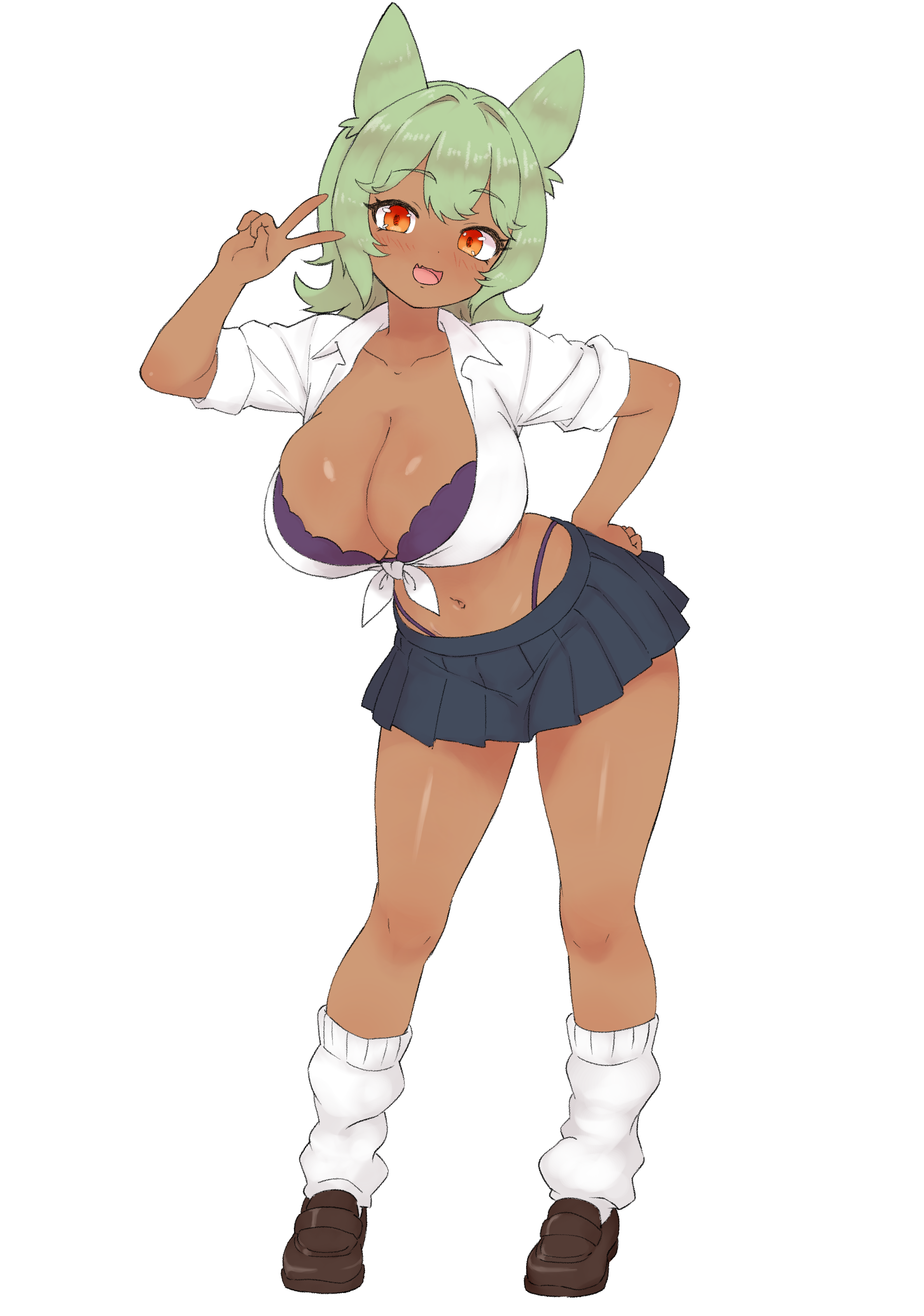 fumotaru, original, absurdres, commentary request, highres, 1girl, amesuku gyaru, animal ears, blush, bra, bra peek, breasts, cleavage, collarbone, dark-skinned female, dark skin, dot nose, dress shirt, fang, full body, green hair, gyaru, hand on own hip, kogal, large breasts, leaning forward, loafers, looking at viewer, loose socks, medium hair, miniskirt, navel, open mouth, orange eyes, panties, panty straps, pleated skirt, purple bra, purple panties, shirt, shoes, simple background, skin fang, skirt, sleeves rolled up, smile, socks, solo, tied shirt, underwear, v, white background, white shirt, white socks
