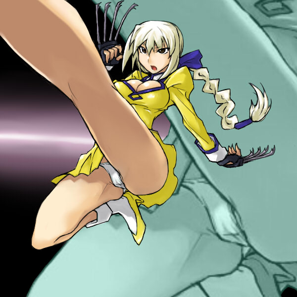 skj, delmo, golden delmo, tonia (agent aika), agent aika, aika (series), 1990s (style), 1girl, black eyes, bow, braid, breasts, claws, cleavage, cleavage cutout, clothing cutout, dress, hair bow, legs, long hair, panties, pantyshot, retro artstyle, short dress, underwear, upskirt, white hair