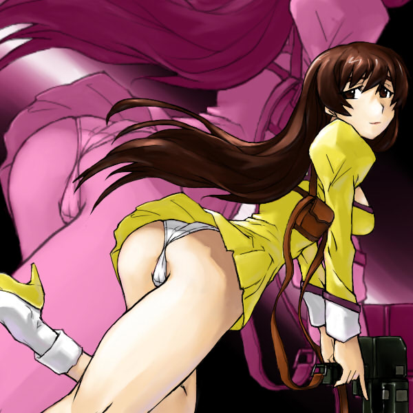 skj, delmo, golden delmo, sania (agent aika), agent aika, aika (series), 1990s (style), ass, bobby socks, breasts, brown eyes, brown hair, cleavage, cleavage cutout, clothing cutout, dress, gun, high heels, panties, pantyshot, retro artstyle, short dress, socks, underwear, weapon