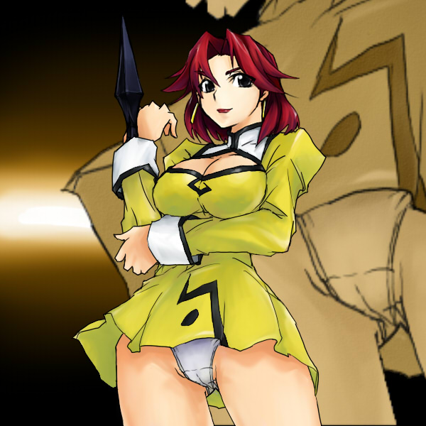 skj, bianca (agent aika), delmo, golden delmo, agent aika, aika (series), uniform, 1990s (style), 1girl, breasts, cleavage, cleavage cutout, clothing cutout, cropped legs, dress, female focus, gradient background, large breasts, lips, panties, pantyshot, parted bangs, purple eyes, red hair, retro artstyle, short dress, short hair, smile, solo, standing, sword, underwear, upskirt, weapon, white panties