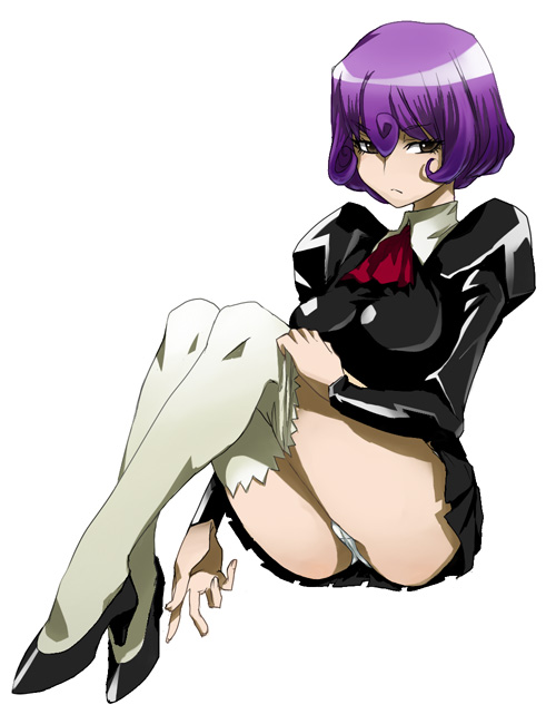 skj, black delmo, black delmo leader, delmo, agent aika, aika (series), uniform, 1990s (style), ascot, bob cut, brown eyes, frown, full body, high heels, latex, miniskirt, panties, pantyshot, purple hair, red ascot, retro artstyle, short hair, simple background, sitting, skin tight, skirt, solo, thighhighs, thighs, underwear, white background, white thighhighs