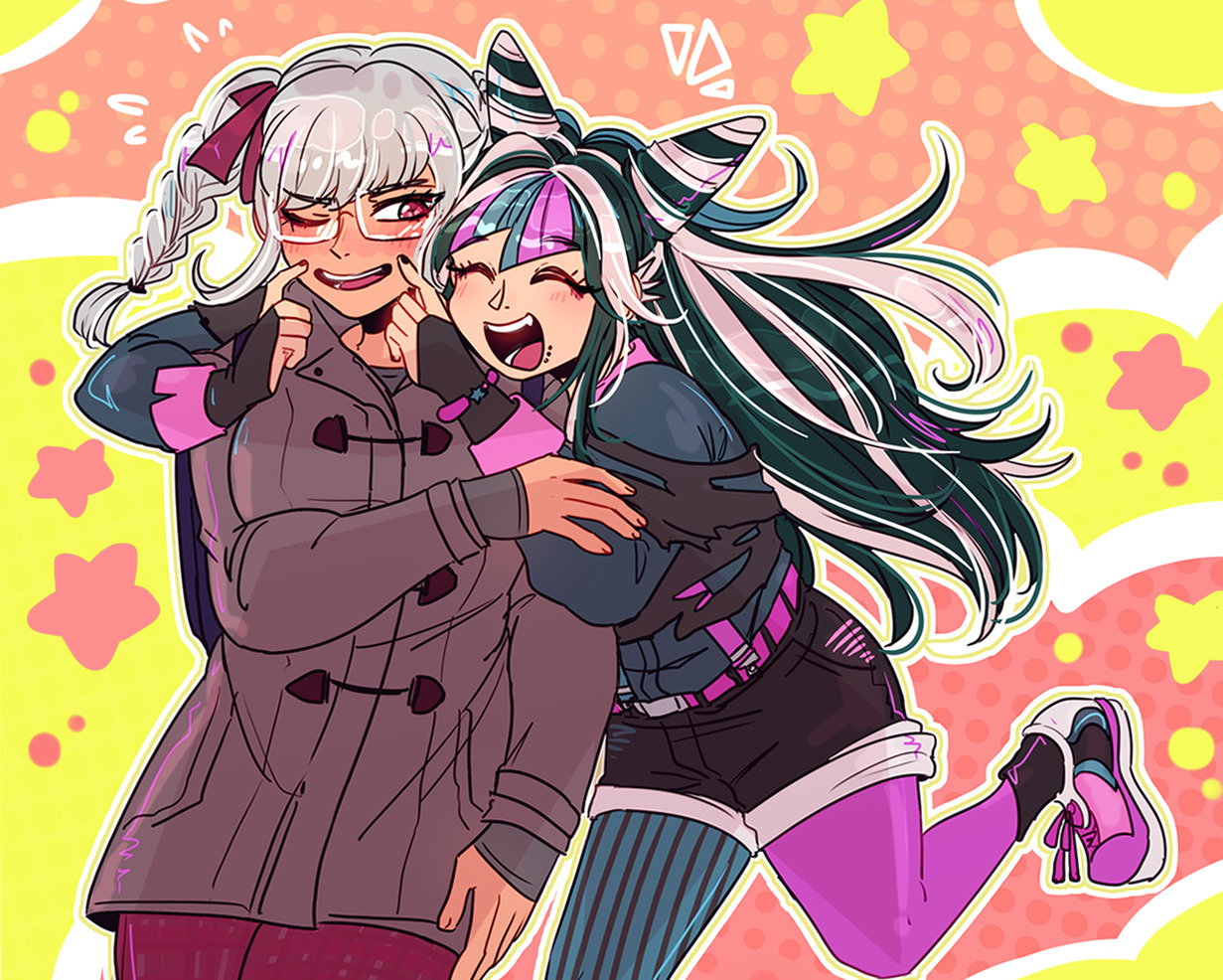 ministarfruit, mioda ibuki, pekoyama peko, danganronpa (series), danganronpa 2: goodbye despair, commentary, english commentary, 2girls, asymmetrical legwear, black gloves, black hair, black nails, black shorts, black socks, blue hair, blue shirt, blue streaks, blush, braid, brown coat, closed eyes, coat, ear piercing, eyelashes, face piercing, fang, fingerless gloves, fingernails, fingersmile, flying sweatdrops, glasses, gloves, grey hair, hair horns, long hair, long sleeves, mismatched legwear, mouth piercing, multicolored hair, multiple girls, nail polish, notice lines, one eye closed, open mouth, outline, piercing, pink hair, pink shoes, pink streaks, red eyes, shirt, shoelaces, shoes, shorts, smile, socks, standing, standing on one leg, star (symbol), streaked hair, teeth, torn clothes, torn shorts, twin braids, twintails, white hair, white outline, yellow outline, yuri