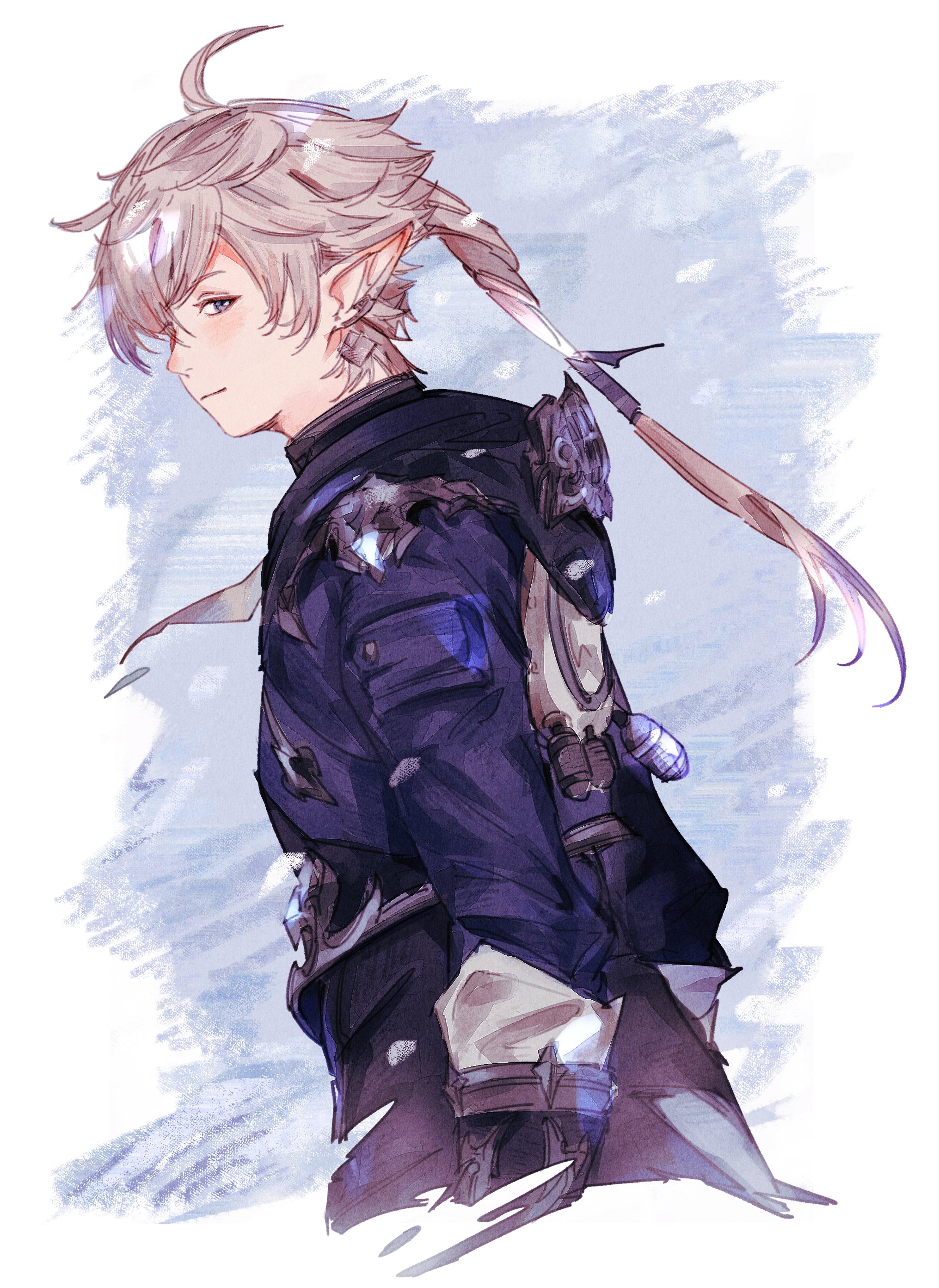 hutaba 0718, alphinaud leveilleur, final fantasy, final fantasy xiv, absurdres, highres, 1boy, ahoge, black gloves, blue coat, blue eyes, closed mouth, coat, cropped legs, earrings, elezen, elf, floating hair, gloves, grey hair, hood, hood down, hooded coat, jewelry, long pointy ears, long sleeves, looking to the side, male focus, parted bangs, piercing, pointy ears, ponytail, sideways glance, smile, solo