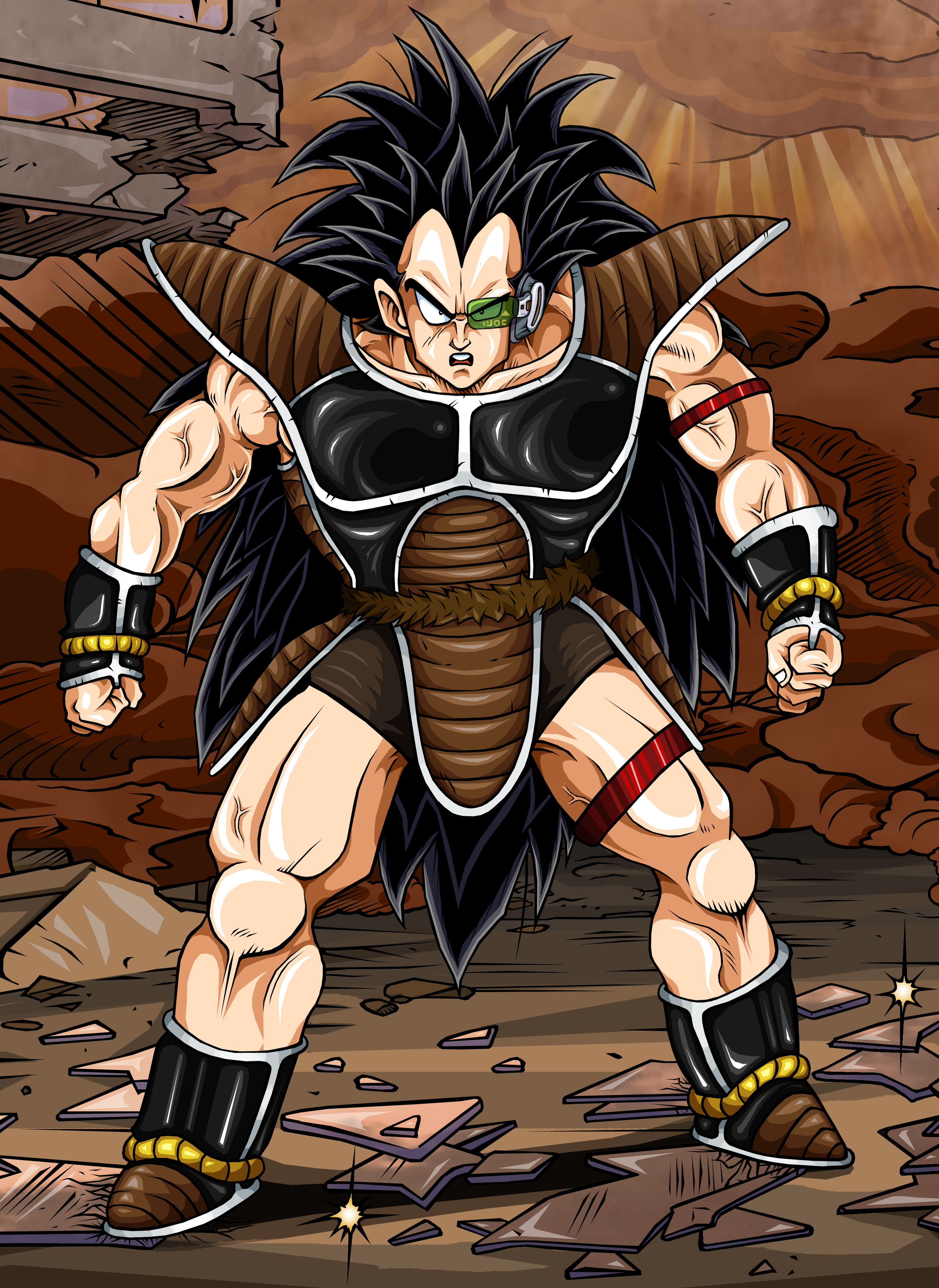 raditz, dragon ball, dragon ball z, dragonball z, absurdres, highres, 1boy, alien, armband, armor, black hair, crossed arms, long hair, male focus, scouter, solo, spiked hair, tail, thigh strap, very long hair