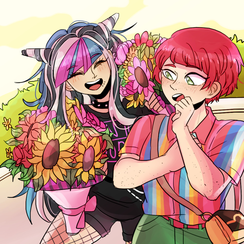 ministarfruit, koizumi mahiru, mioda ibuki, danganronpa (series), danganronpa 2: goodbye despair, commentary, english commentary, 2girls, alternate costume, arm freckles, bag, belt, black choker, black hair, black shirt, black shorts, blue hair, blue streaks, blush, body freckles, bouquet, bush, choker, closed eyes, clothes writing, collared shirt, ear piercing, eyelashes, face piercing, fingerless gloves, fishnet pantyhose, fishnets, flower, freckles, gloves, green eyes, hair horns, handbag, holding, holding bouquet, long hair, mouth piercing, multicolored hair, multicolored shirt, multiple girls, open mouth, orange flower, outdoors, pantyhose, piercing, pink flower, pink gloves, pink hair, pink streaks, red belt, red flower, shirt, short hair, short sleeves, shorts, smile, spiked choker, spikes, streaked hair, striped clothes, striped shirt, teeth, upper teeth only, vertical-striped clothes, vertical-striped shirt, very short hair, white hair, yellow flower, yuri