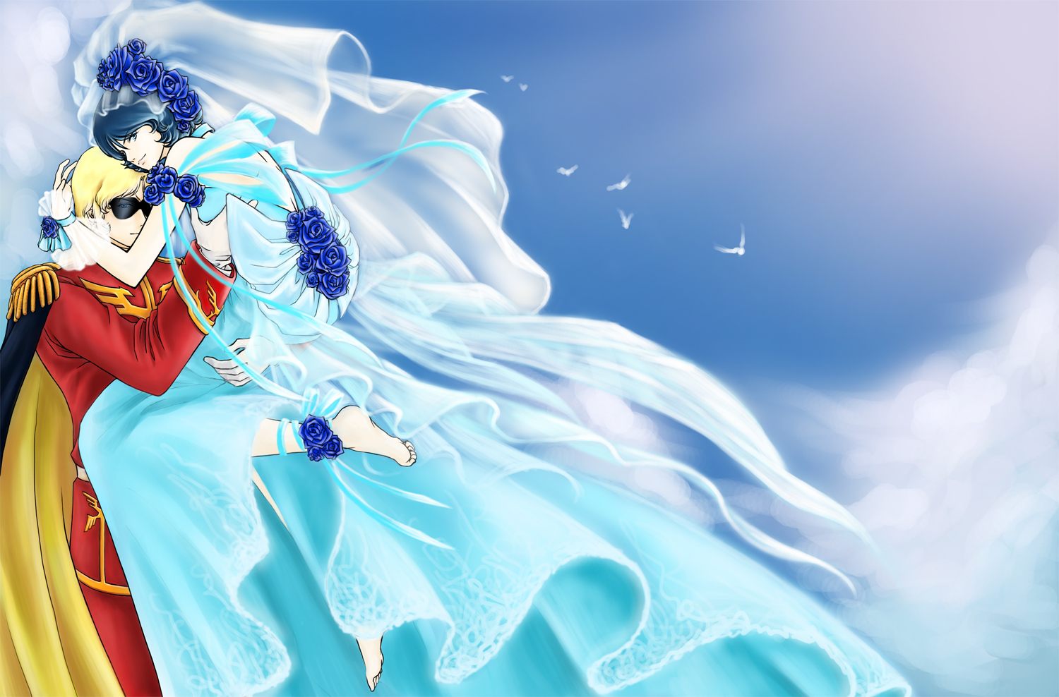 char aznable, kamille bidan, quattro bajeena, gundam, zeta gundam, bad id, bad pixiv id, 2boys, blonde hair, blue eyes, blue hair, bride, crossdressing, crossdressing (mtf), dress, flower, hug, male bride, male focus, multiple boys, rose, short hair, sunglasses, trap, wedding dress, yaoi