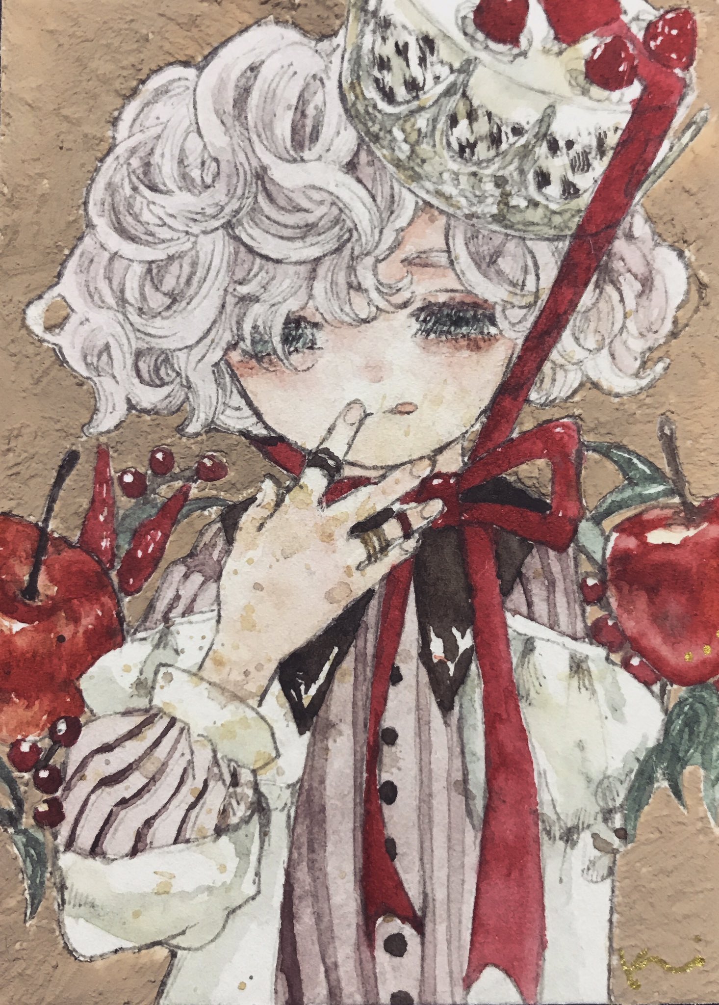 karintoun, original, acrylic paint (medium), commentary request, highres, painting (medium), traditional media, watercolor (medium), 1boy, :q, apple, blush, bow, bowtie, brown background, brown eyes, cake, cherry, crown, curly hair, food, fruit, jewelry, long sleeves, looking at viewer, parted bangs, red ribbon, ribbon, ring, shirt, short hair, signature, simple background, straight-on, striped clothes, striped shirt, tongue, tongue out, upper body, white hair