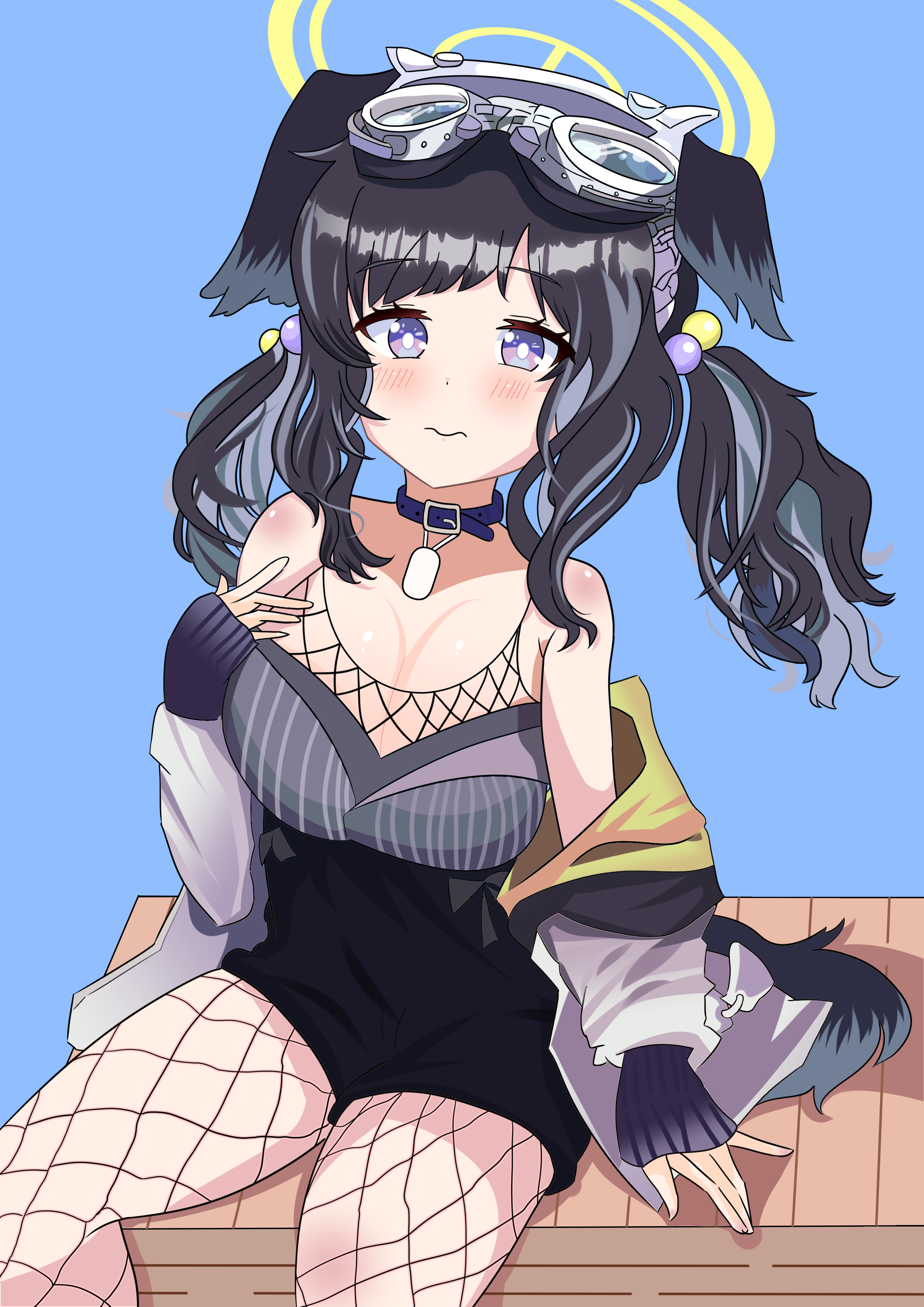 hibiki (blue archive), blue archive, absurdres, commentary request, highres, 1girl, animal ears, black hair, blush, breasts, dog ears, dog girl, dog tail, goggles, goggles on head, halo, long hair, looking at viewer, rakkasei fanku, simple background, solo, tail, thigh focus, thighs, yellow halo