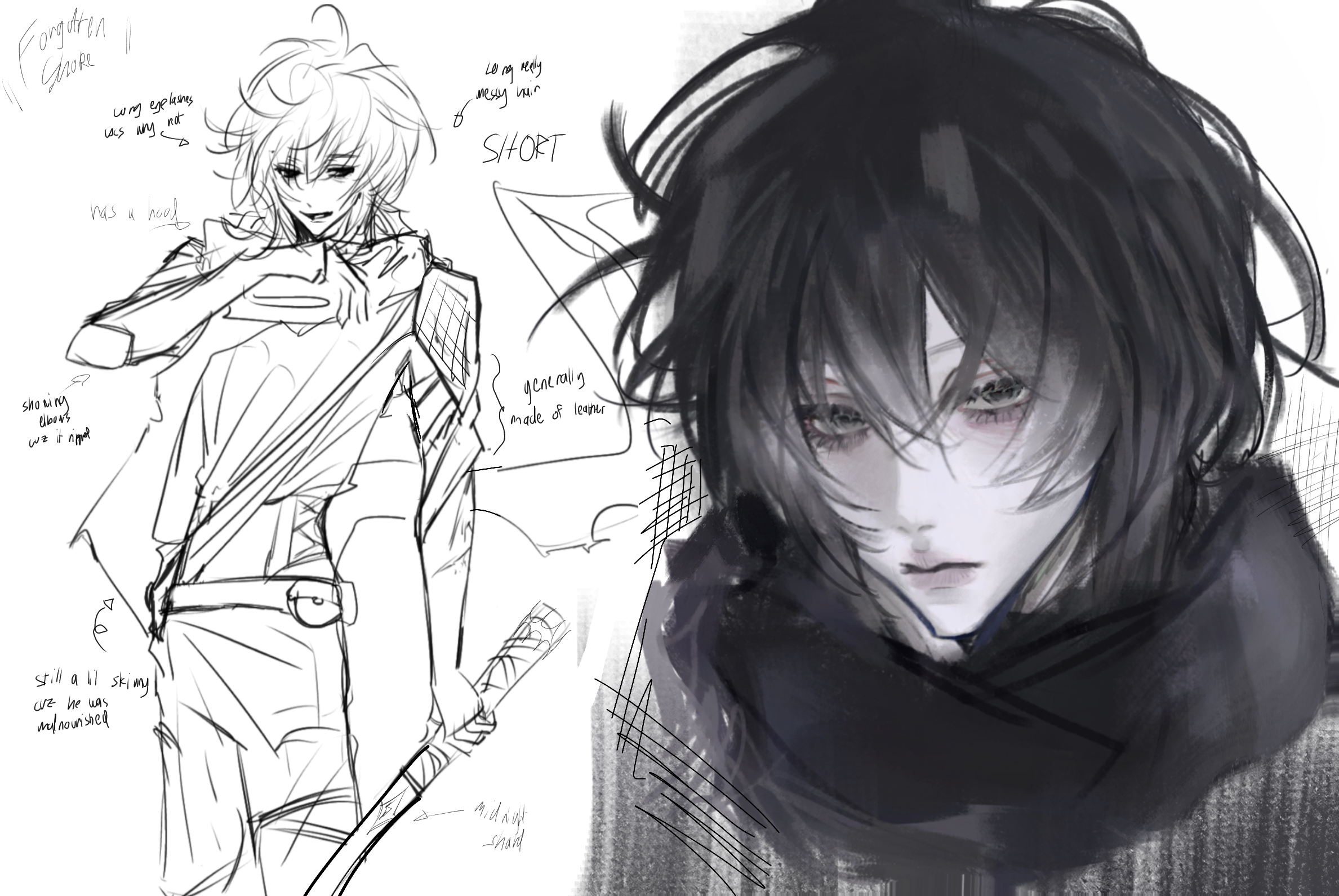 sunny (shadow slave), shadow slave, commentary, english commentary, highres, 1boy, aegyo sal, black eyes, black hair, black scarf, black tunic, english text, holding, holding sword, holding weapon, looking at viewer, mikejkl, multiple views, scarf, short hair, shoulder pads, sword, tunic, upper body, weapon