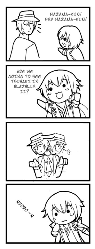 hazama, kisaragi jin, arc system works, blazblue, blazblue: calamity trigger, 2boys, 4koma, :3, blush, chibi, comic, greyscale, monochrome, multiple boys, nyoro~n, parody