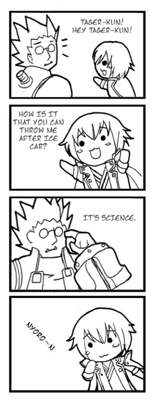 iron tager, kisaragi jin, arc system works, blazblue, blazblue: calamity trigger, hard-translated, third-party edit, 2boys, 4koma, :3, blush, chibi, comic, greyscale, monochrome, multiple boys, nyoro~n, parody
