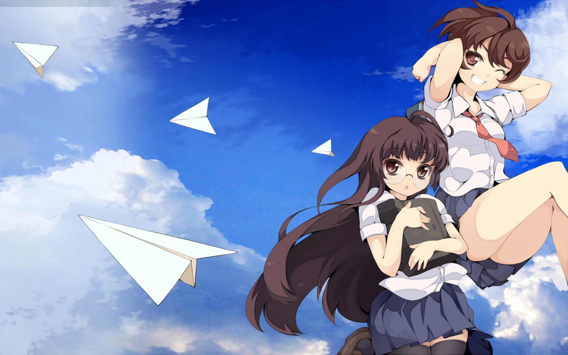 uruu gekka, original, highres, 2girls, brown eyes, brown hair, glasses, multiple girls, paper airplane
