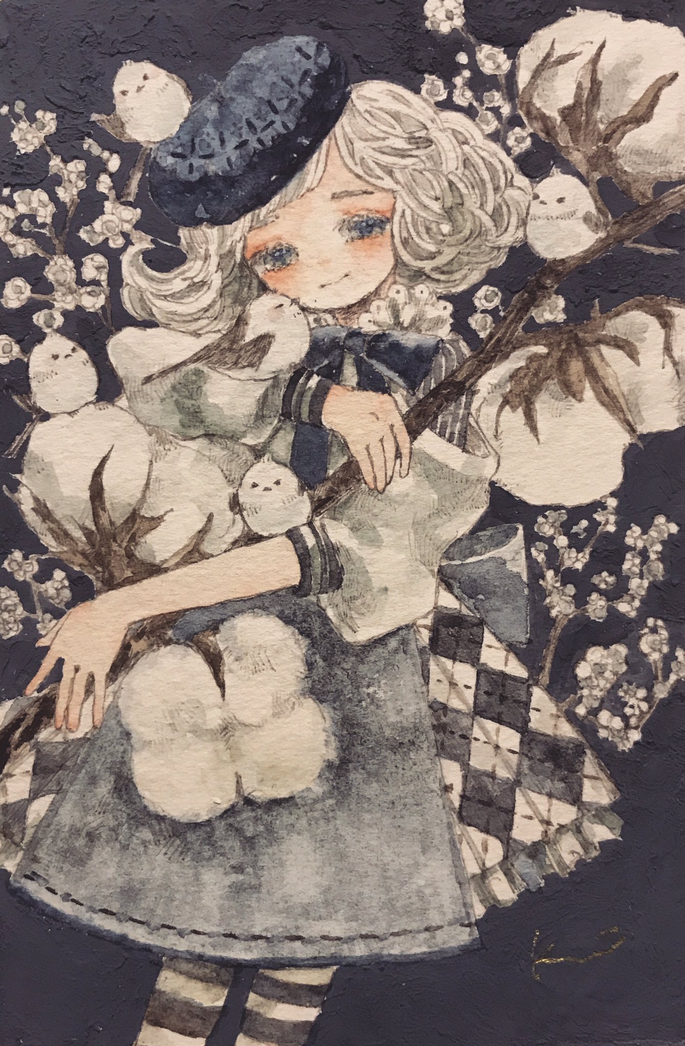 karintoun, original, acrylic paint (medium), commentary request, highres, painting (medium), traditional media, watercolor (medium), 1girl, beret, bird, blue dress, blue eyes, blush, bow, closed mouth, cotton (plant), dress, feet out of frame, flower, hat, long-tailed tit, long sleeves, looking at viewer, outdoors, portrait, short hair, signature, simple background, smile, socks, standing, straight-on, striped clothes, tit (bird), wavy hair, white background, white hair