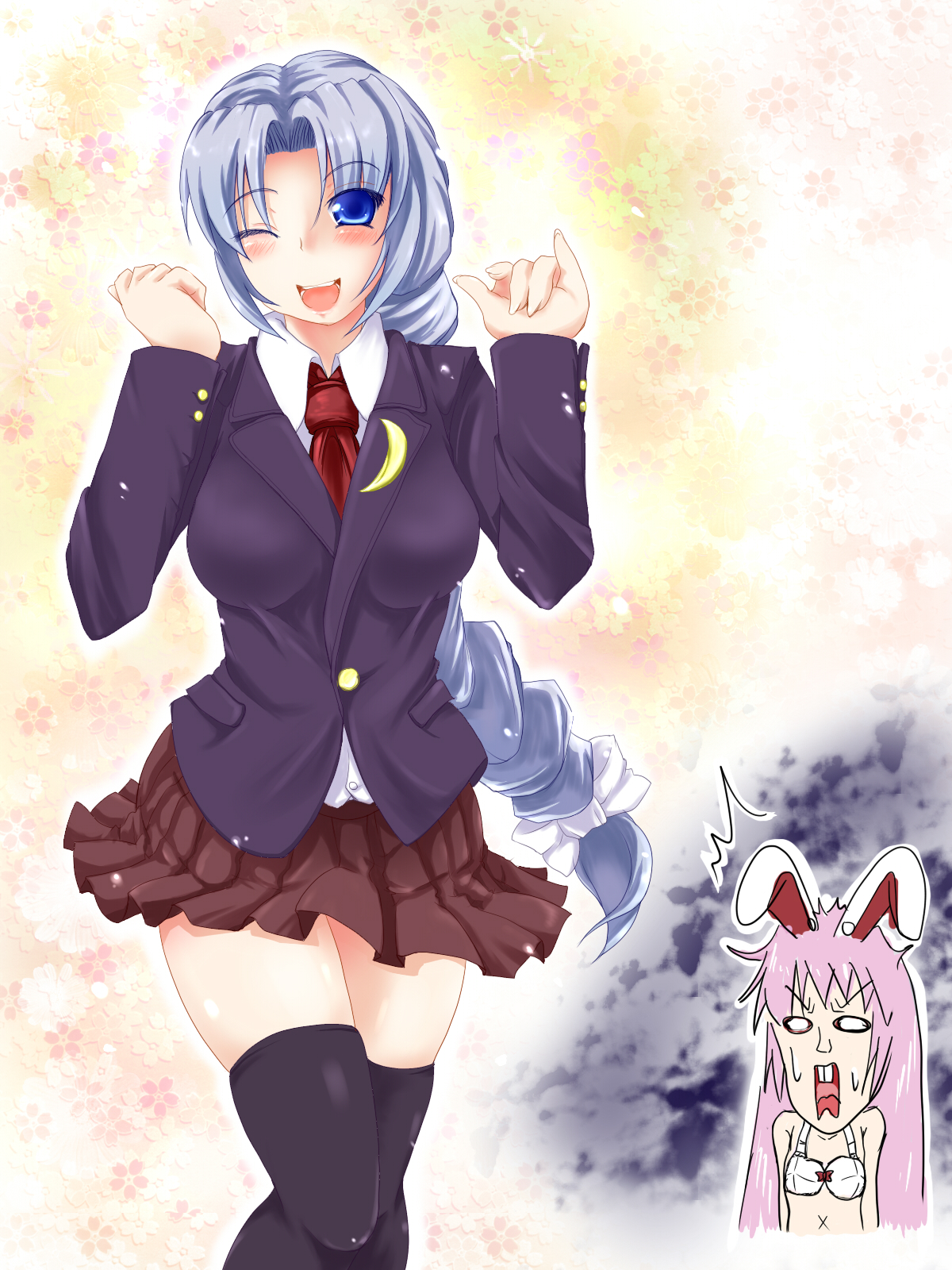 negamaro, reisen udongein inaba, yagokoro eirin, touhou, light purple hair, silver hair, highres, 2girls, animal ears, blazer, blue eyes, bra, braid, breasts, cosplay, female focus, jacket, lingerie, long hair, multiple girls, necktie, pleated skirt, rabbit ears, reisen udongein inaba (cosplay), skirt, thighhighs, underwear, upper body, white background, zettai ryouiki