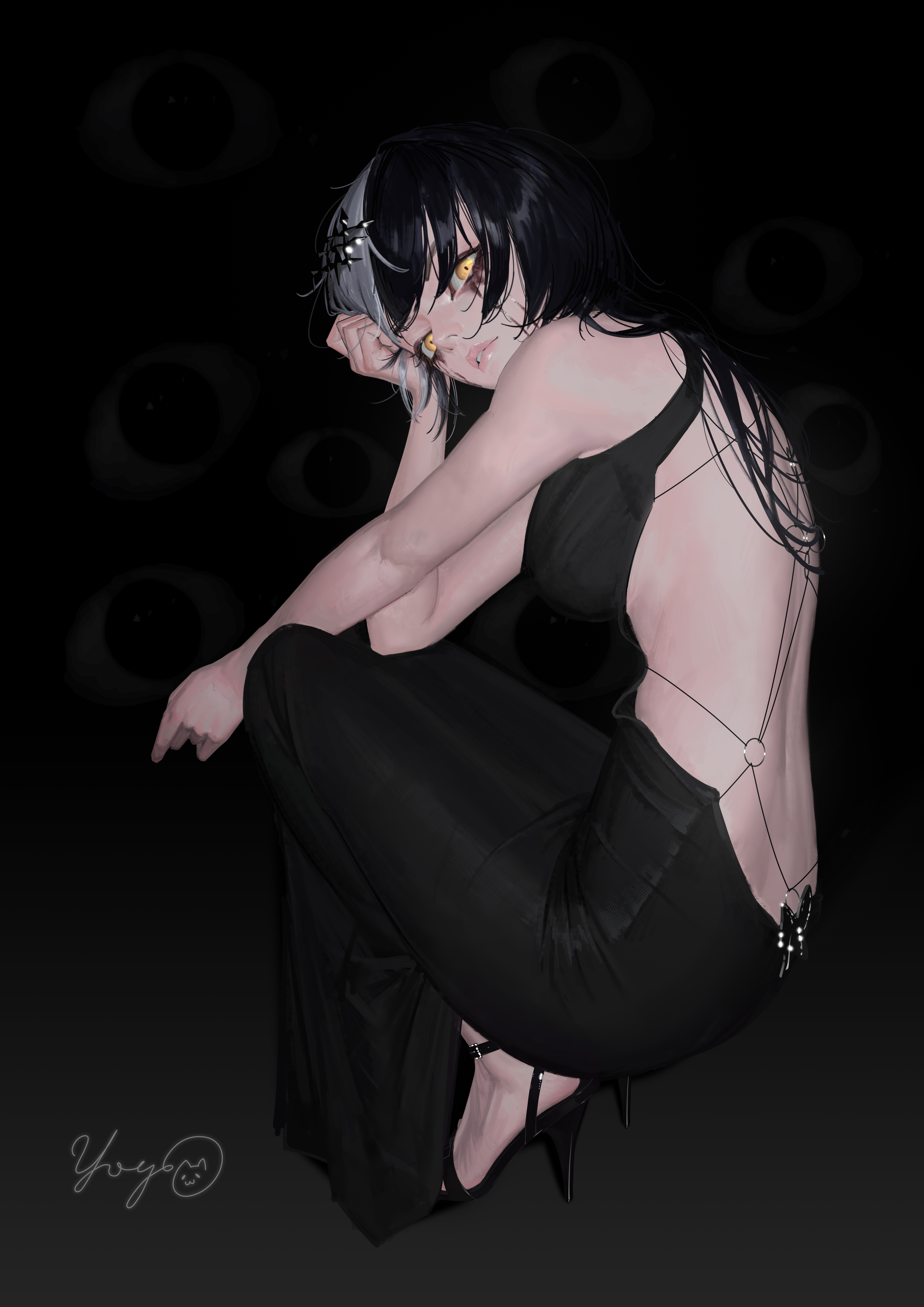 massiveyog, shiori novella, hololive, hololive english, absurdres, commentary, english commentary, highres, 1girl, alternate costume, back, backless dress, backless outfit, bare arms, black background, black dress, black hair, black shoes, breasts, dress, evening gown, feet, full body, gradient background, grey background, grey hair, hair ornament, hand on own head, high heel sandals, high heels, large breasts, long hair, looking at viewer, median furrow, multicolored hair, parted lips, sandals, shoes, simple background, sleeveless, sleeveless dress, solo, split-color hair, squatting, strappy heels, two-tone hair, virtual youtuber, yellow eyes