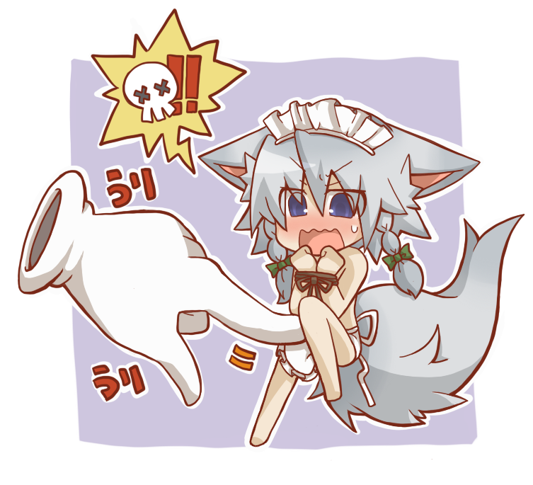gurageida, inu sakuya (nejikirio), izayoi sakuya, touhou, silver hair, !, !!, 1girl, animal ears, apron, bdsm, blue eyes, bondage, bound, bound wrists, braid, chibi, disembodied hand, dog ears, dog tail, embarrassed, female focus, grabber tool, hair ribbon, kemonomimi mode, maid headdress, naked apron, ribbon, ribbon bondage, short hair, solo, tail, tickling, twin braids, wavy mouth