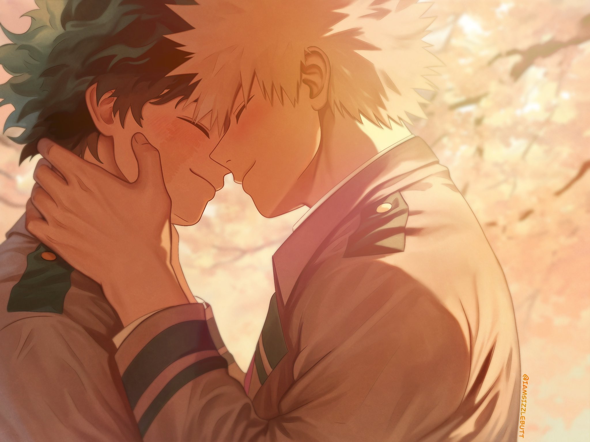 bakugou katsuki, midoriya izuku, boku no hero academia, commentary, english commentary, highres, 2boys, blonde hair, blush, branch, cherry blossoms, closed eyes, closed mouth, collared jacket, from side, green hair, grey jacket, hands on another's neck, iamsizzlebutt, jacket, layered sleeves, long sleeves, male focus, multiple boys, outdoors, profile, school uniform, shirt, short hair, smile, spiked hair, twitter username, u.a. school uniform, upper body, white shirt, yaoi