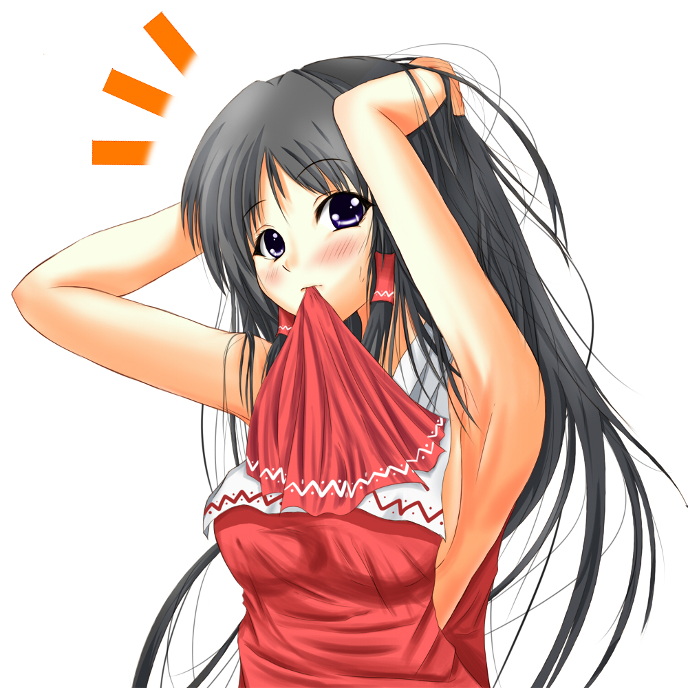 hiroaki (huruhonya), hakurei reimu, touhou, 1girl, armpits, black hair, blush, breasts, female focus, japanese clothes, long hair, miko, mouth hold, no bra, ribbon, simple background, solo, upper body, white background