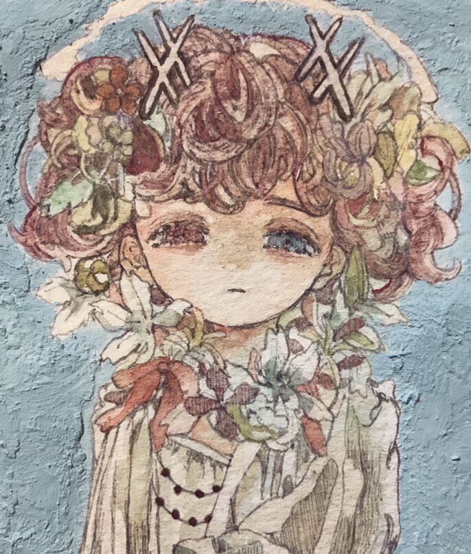 karintoun, original, acrylic paint (medium), commentary request, painting (medium), traditional media, watercolor (medium), 1girl, braid, closed mouth, curly hair, expressionless, flower, flower necklace, hair ornament, jewelry, looking at viewer, medium hair, multicolored eyes, muted color, necklace, pale skin, portrait, short hair, simple background, straight-on