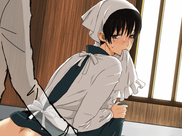 kunie (seppa), japan (hetalia), axis powers hetalia, image sample, pixiv sample, resized, 00s, ass, biting, black hair, blush, brown eyes, crossdressing, crossdressing (mtf), from behind, headdress, maid, male focus, male maid, nervous, sweat, transparent, trap, yaoi