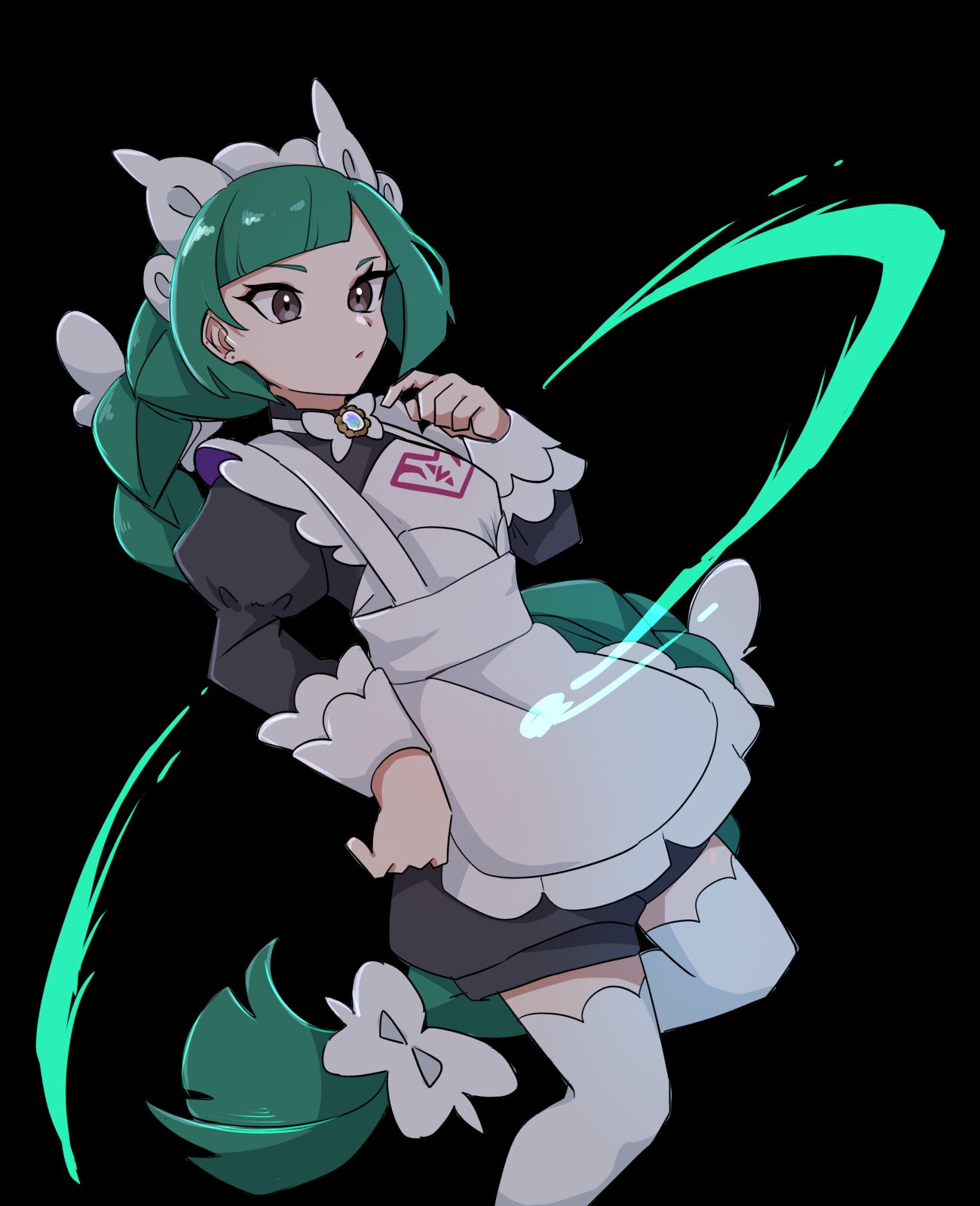 ayaka 488, lebanne (pokemon), nintendo, pokemon, pokemon legends: z-a, commentary request, highres, 1girl, apron, black background, black romper, blunt bangs, bow, bowtie, braid, braided ponytail, brown eyes, green hair, juliet sleeves, long braid, long hair, long sleeves, looking to the side, maid apron, maid headdress, mega stone, puffy sleeves, romper, simple background, solo, standing, thighhighs, upper body, white bow, white bowtie, white thighhighs