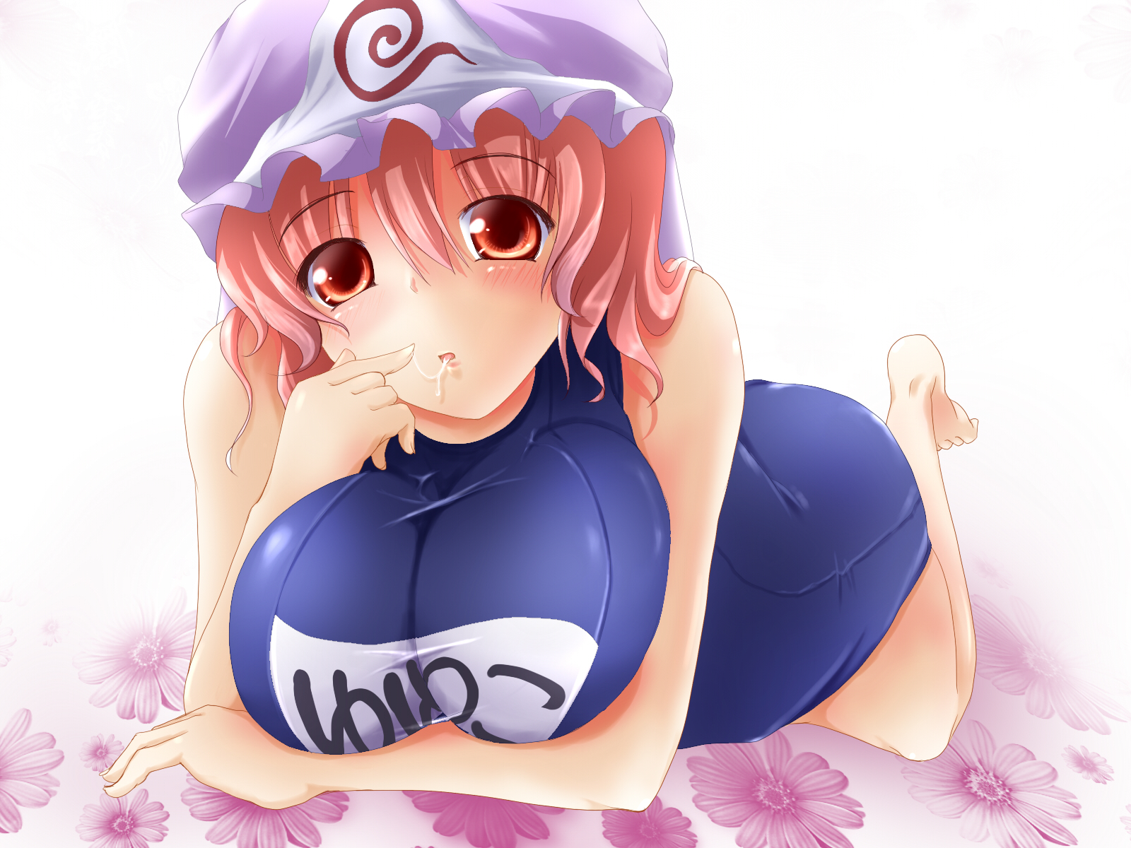 negamaro, saigyouji yuyuko, touhou, breast hold, highres, 1girl, breasts, female focus, flower, hat, huge breasts, lying, on stomach, red eyes, red hair, saliva, saliva trail, school swimsuit, short hair, solo, swimsuit