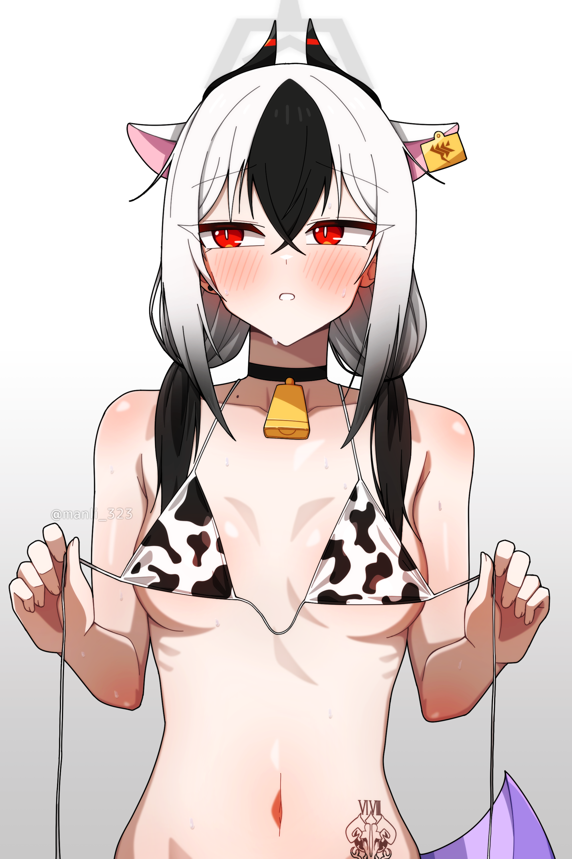 manli, kayoko (blue archive), blue archive, absurdres, commentary, english commentary, highres, 1girl, animal ears, animal print, artist name, averting eyes, bare shoulders, bell, bikini, black hair, blush, breasts, bright pupils, collarbone, cow ears, cow print, cow print bikini, cowbell, gradient background, gradient hair, halo, holding, horns, kemonomimi mode, long hair, looking to the side, low twintails, mole, multicolored hair, navel, neck bell, open clothes, parted lips, print bikini, red eyes, small breasts, solo, swimsuit, tattoo, twintails, twitter username, untied bikini, upper body, white background, white hair