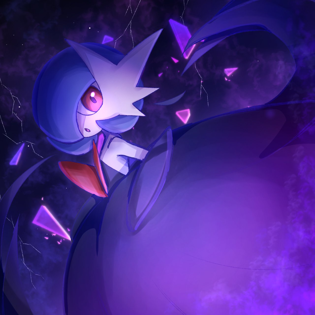 ayaka 488, gardevoir, mega gardevoir, nintendo, pokemon, commentary request, highres, 1girl, :o, alternate color, black dress, black gloves, blue hair, bob cut, colored skin, dress, elbow gloves, gen 3 pokemon, gloves, hair over one eye, lightning, looking at viewer, mega pokemon, open mouth, pokemon (creature), purple background, red eyes, shiny pokemon, short hair, simple background, solo, standing, upper body, white skin