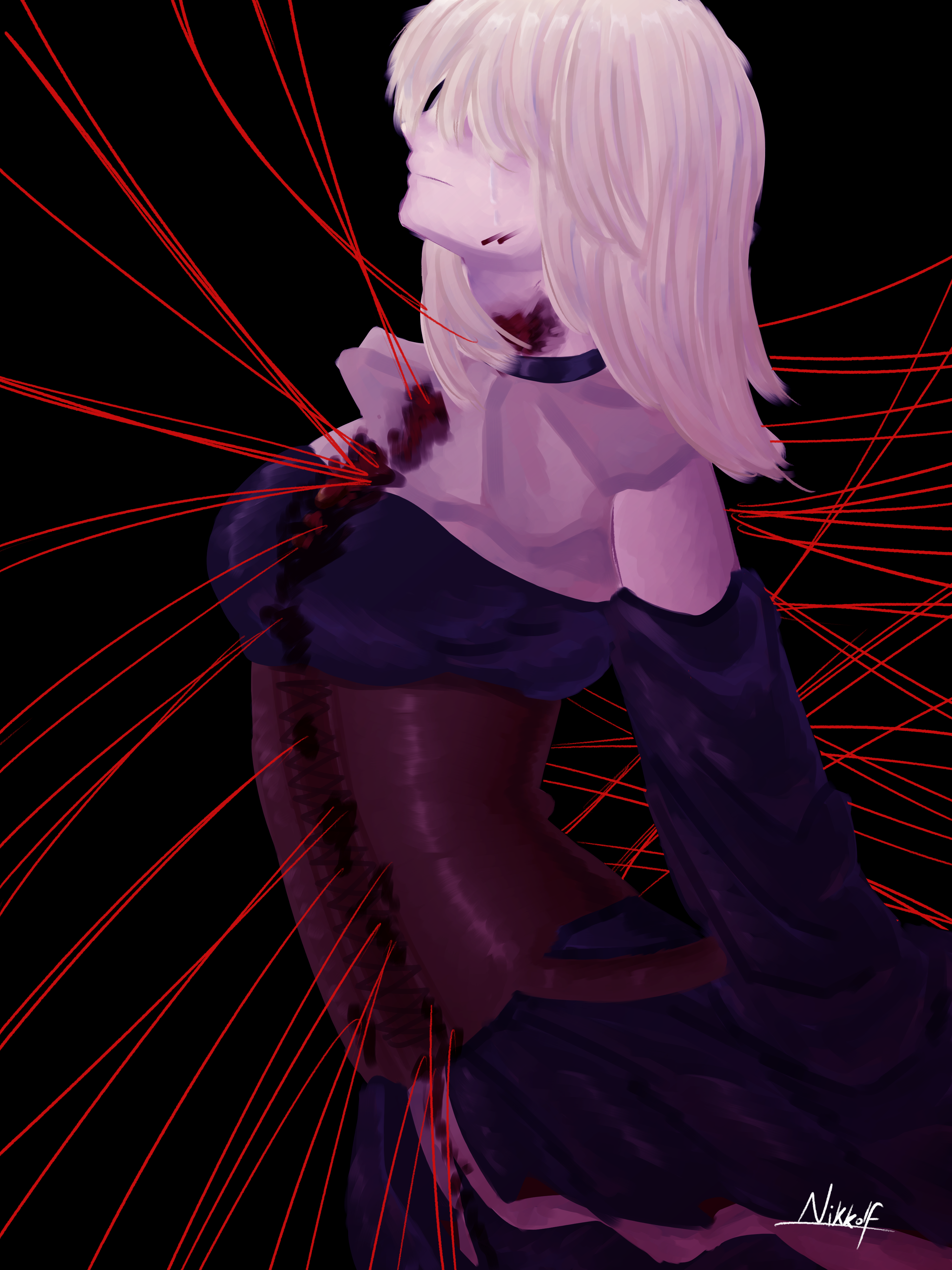 nikkolf, doloris (bang dream!), misumi uika, bang dream!, bang dream! it's mygo!!!!!, absurdres, commentary, highres, 1girl, black background, black dress, blonde hair, blood, blood on clothes, blood on face, brown corset, clothing cutout, corset, dress, injury, long sleeves, medium hair, shoulder cutout, signature, simple background, solo, sophie (bang dream!), string, string of fate