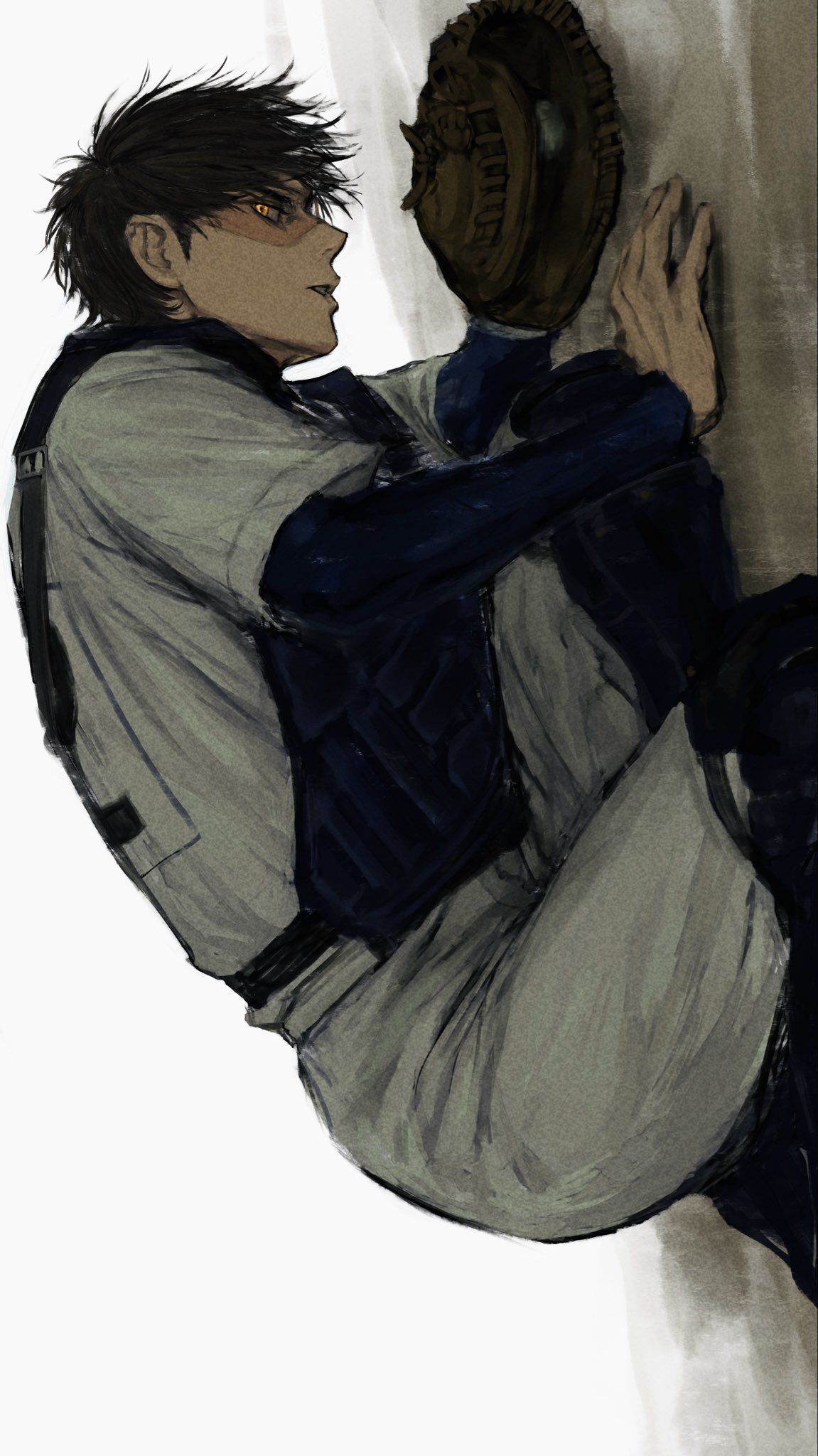 miyuki kazuya, ace of diamond, hashtag-only commentary, highres, 1boy, ball, baseball, baseball (object), baseball glove, baseball uniform, brown hair, catcher (baseball), chest protector, compression shirt, goggles, holding, holding ball, male focus, on ground, pants, shirt, short hair, sideburns, solo, sportswear, white pants, white shirt, yellow eyes, yongyon5010