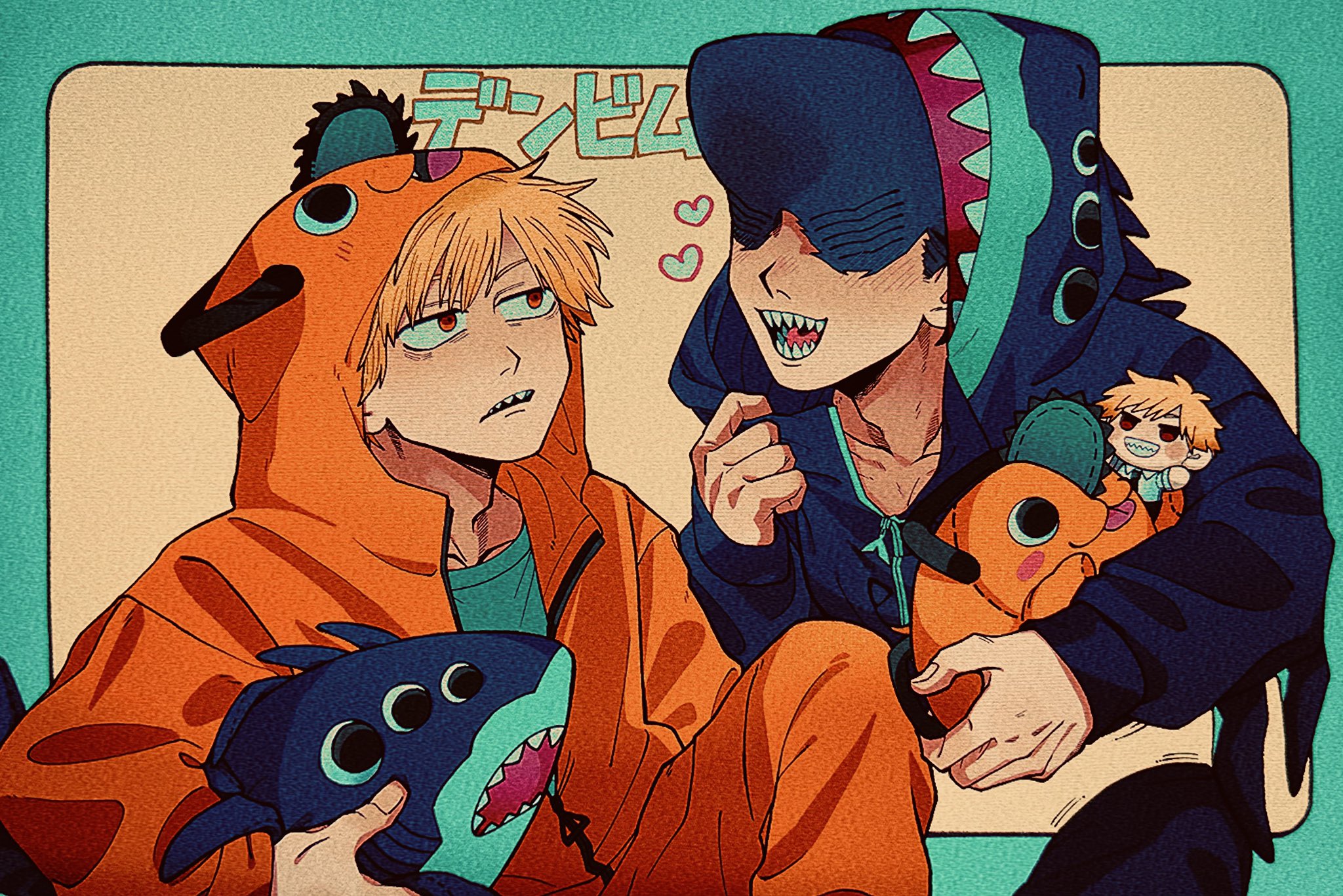 kabeo x32, beam (chainsaw man), denji (chainsaw man), pochita (chainsaw man), chainsaw man, commentary request, highres, translation request, 2boys, blonde hair, blush, border, character doll, collarbone, cosplay, crew neck, doll, extra eyes, film grain, green border, green shirt, grin, heart, heavy film grain, holding, holding stuffed toy, kigurumi, long sleeves, looking at another, male focus, multiple boys, open mouth, red eyes, shark boy, shark head, sharp teeth, shirt, short sideburns, smile, stuffed animal, stuffed toy, teeth, tongue, tongue out, zipper