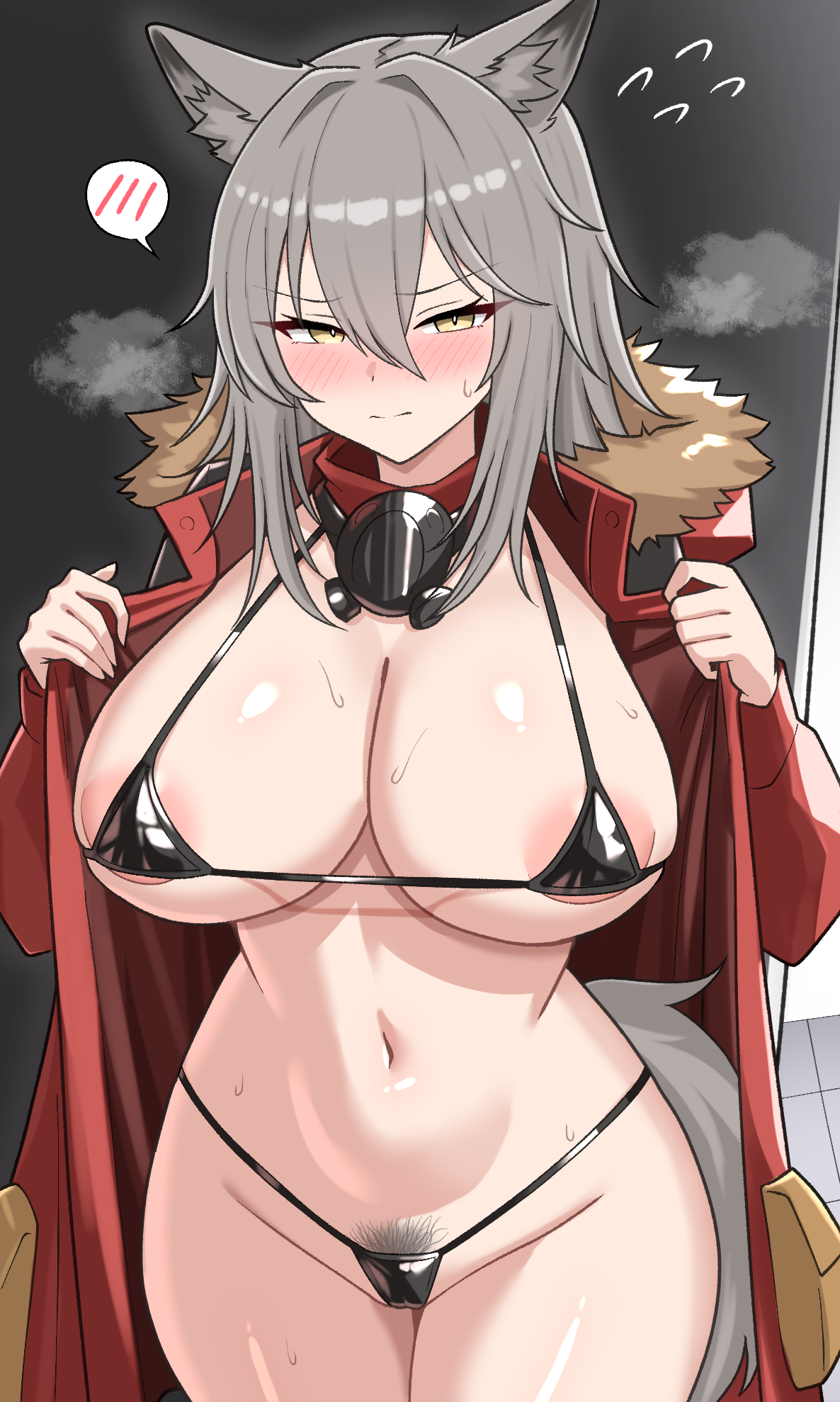 akino moku, projekt red (arknights), arknights, commentary request, highres, 1girl, alternate breast size (larger), animal ear fluff, animal ears, areola slip, bikini, black bikini, blush, breasts, closed mouth, coat, cowboy shot, female pubic hair, flying sweatdrops, fur-trimmed hood, fur trim, grey hair, groin, hair between eyes, hood, hood down, hooded coat, large breasts, long hair, looking at viewer, mask, mask around neck, micro bikini, navel, nose blush, open clothes, open coat, pubic hair, pubic hair peek, red coat, solo, speech bubble, spoken blush, steaming body, sweat, swimsuit, tail, tsurime, v-shaped eyebrows, wolf ears, wolf girl, wolf tail, yellow eyes