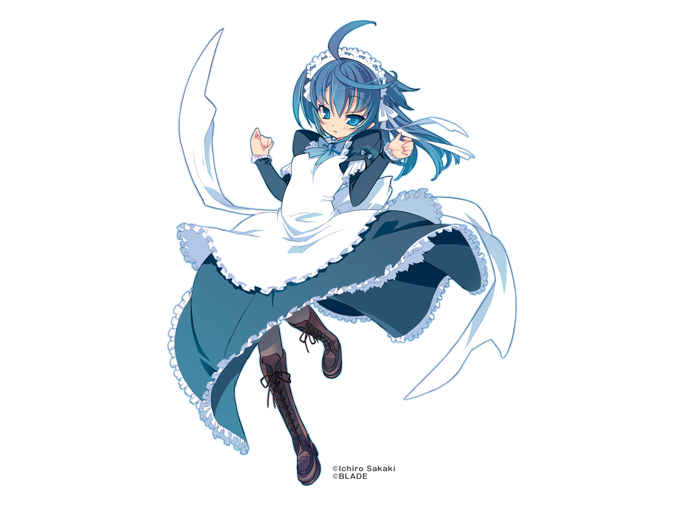 blade (galaxist), kufir absolute, qfil absolute, macademix, magician's academy, official art, 00s, 1girl, ahoge, apron, artist name, blue dress, blue eyes, blue hair, blush, boots, bow, bowtie, clenched hands, copyright notice, dress, female focus, frilled apron, frilled dress, frills, full body, grey pantyhose, hands up, knee boots, lace-up boots, leaning back, leg lift, long hair, long sleeves, looking at viewer, maid, maid apron, maid headdress, matching hair/eyes, pantyhose, parted lips, puffy sleeves, ribbon, simple background, solo, standing, standing on one leg, white background, wind, wind lift