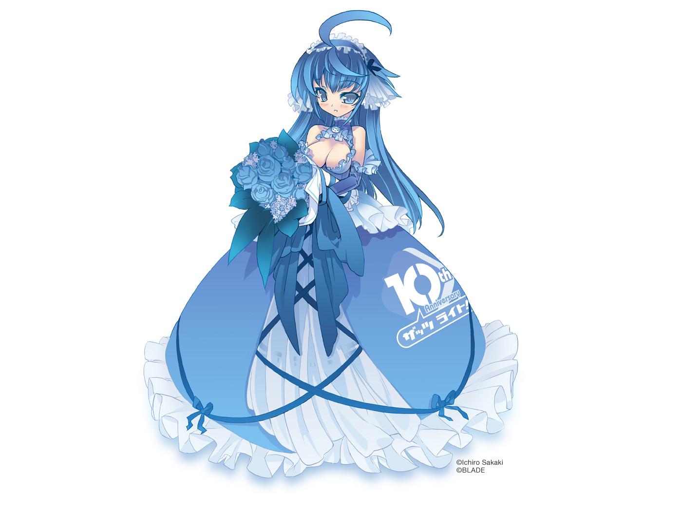 blade (galaxist), kufir absolute, qfil absolute, macademix, magician's academy, official art, 00s, 1girl, ahoge, anniversary, artist name, bare shoulders, blue dress, blue eyes, blue flower, blue gloves, blue hair, blue rose, blue theme, blush, bouquet, breasts, cleavage, cleavage cutout, clothes writing, clothing cutout, colored eyelashes, copyright notice, cross-laced clothes, dress, elbow gloves, female focus, flower, frilled dress, frills, full body, gloves, grin, hair ribbon, hairband, halterneck, holding, large breasts, lolita hairband, long dress, long hair, looking at viewer, matching hair/eyes, ribbon, rose, simple background, smile, solo, standing, turtleneck, very long hair, white background