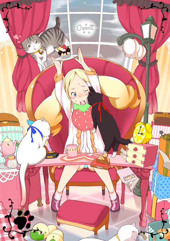 utu (wakon), original, blonde hair, blue eyes, cake, cat, food, food-themed clothes, panties, pantyshot, pastry, sitting, solo, twintails, underwear