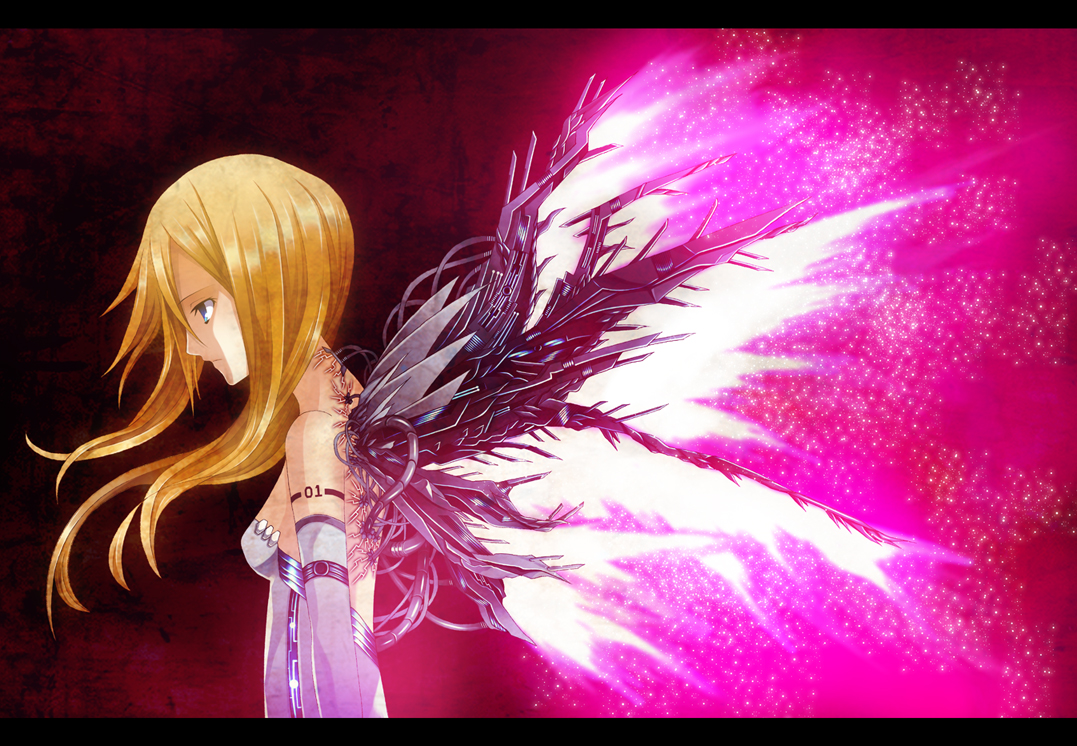 laco soregashi, original, bad id, bad pixiv id, 1girl, blonde hair, blue eyes, female focus, long hair, mechanical wings, solo, wings