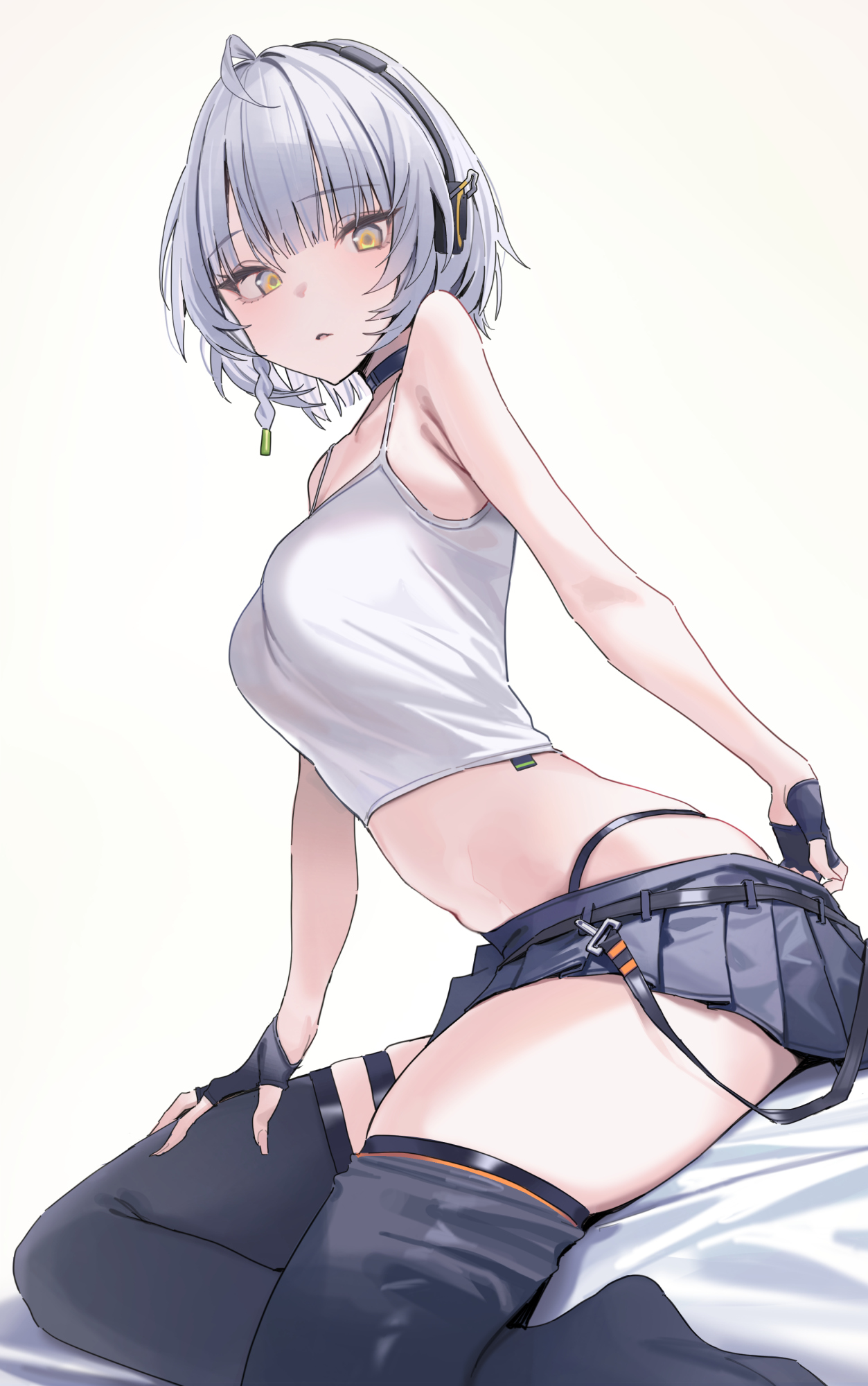 tooyon, anby demara, zenless zone zero, commentary request, highres, 1girl, ahoge, bare shoulders, black choker, black gloves, black skirt, black thighhighs, braid, braided sidelock, breasts, choker, collarbone, crop top, fingerless gloves, from side, gloves, grey hair, half gloves, headphones, looking at viewer, medium breasts, midriff, navel, no jacket, no shoes, open mouth, orange eyes, shirt, short hair, simple background, skirt, solo, thigh strap, thighhighs, white background, white shirt